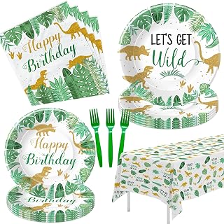 Dinosaur Birthday Party Supplies - Safari Jungle Animal Theme Dinosaur Party Decorations Tableware, Plate, Napkin, Tablecloth, Fork, Where The Wild Things Are Party Supplies | Serves 24