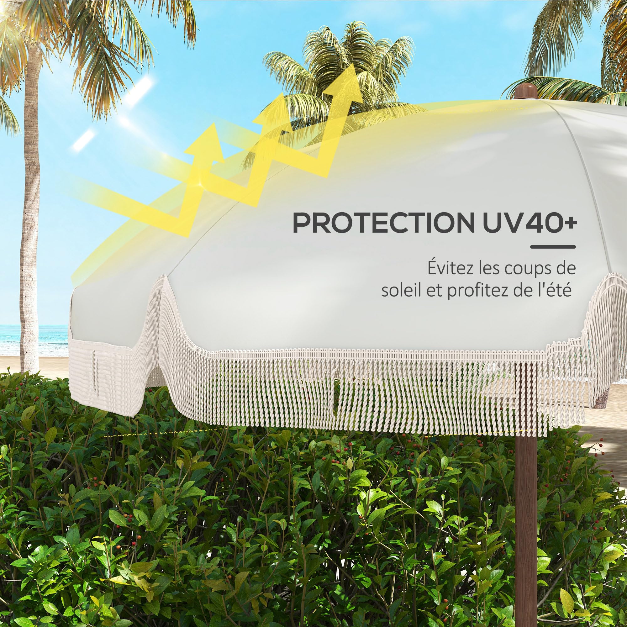 Outsunny Parasol de Plage à Frange Protection UV 40+ 8 Baleines Gris Clair
