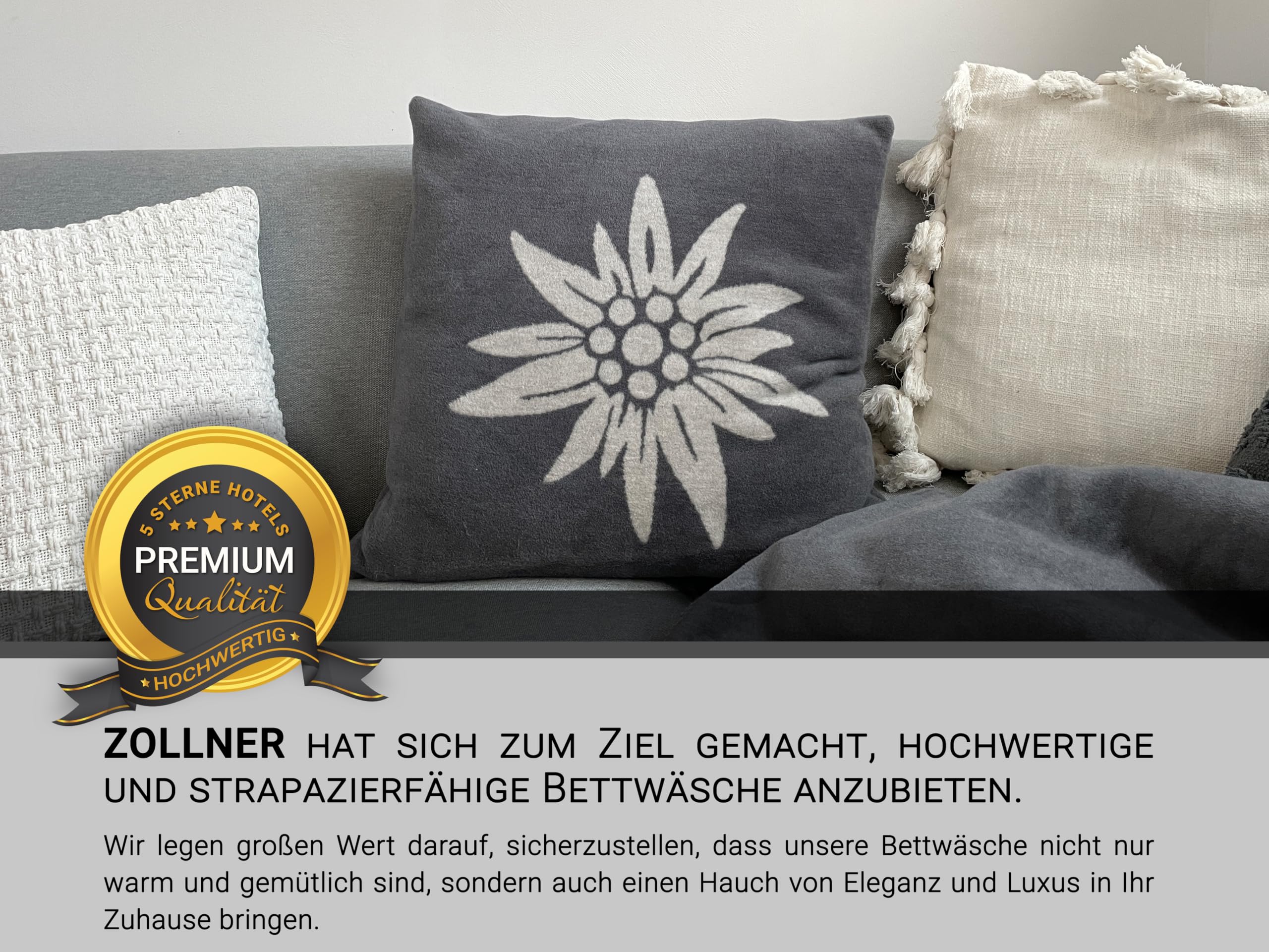 ZOLLNER 2er Set Kopfkissenbezug mit Edelweißmotiv inkl. 2er Set Dekokissen 60% Baumwolle, 40% Polyacryl, Grau