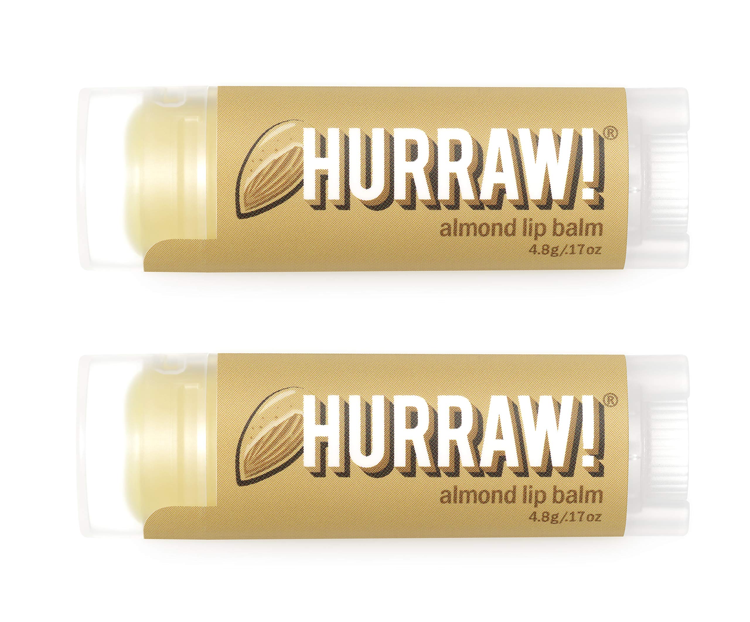 HURRAW!Almond Lip Balm, 2 Pack: Organic, Certified Vegan, Cruelty and Gluten Free. Non-GMO, 100% Natural Ingredients. Bee, Shea, Soy and Palm Free. Made in USA