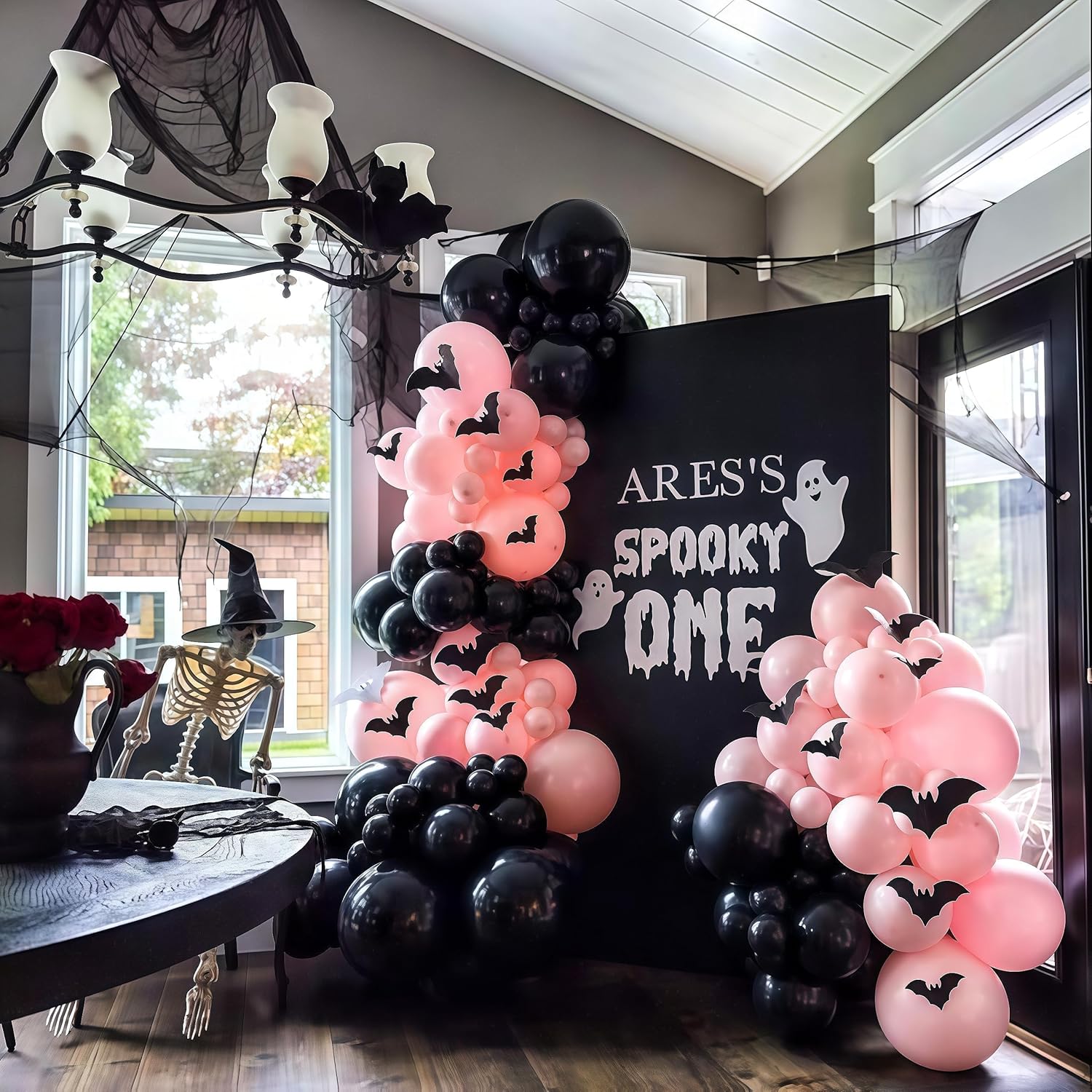 Pink Black White Halloween Balloon Garland Kit,118pcs Pastel Halloween Ghost Striped Foil Balloon Arch with 3D Bats for Girl Kawaii Spooky One Birthday Backdrop Baby Shower Birthday Party Decorations - Image 9