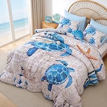 weigelia Queen Comforter Set 3 Pieces Coastal Beach Theme Bedding Set with Nautical Turtle Design, Lightweight Soft for All Season, Ideal Coastal Decor Bedding for Bedroom and Relaxing Beach Style
