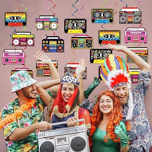 Miniatura 5 de 60 espirales colgantes retro Boombox de los años 80 y 90 para fiesta, decoración colgante de cassette, cinta de casete, serpentinas de techo,