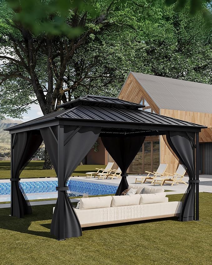 Hardtop Gazebo 12'x14' for All Weather, with Double Metal Roof, Aluminum Alloy Frame, Net, and Curtain, Permanent Building for Patio, Deck, Backyard, Lawn, and Garden, Gray