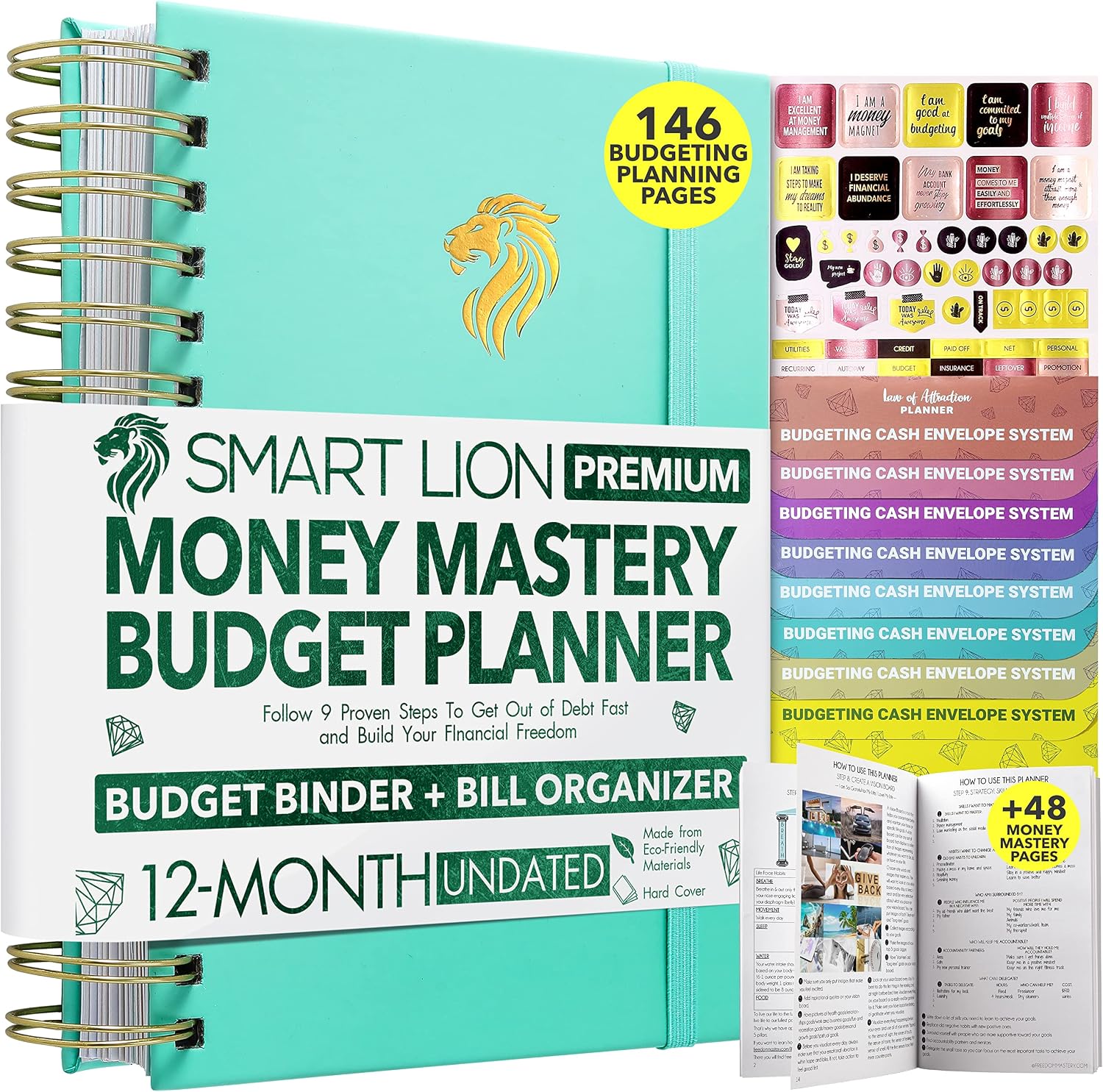 Budget Planner and Monthly Bill Organizer + Cash Envelope Buget Sytem, TURQOUISE LION, Spiral