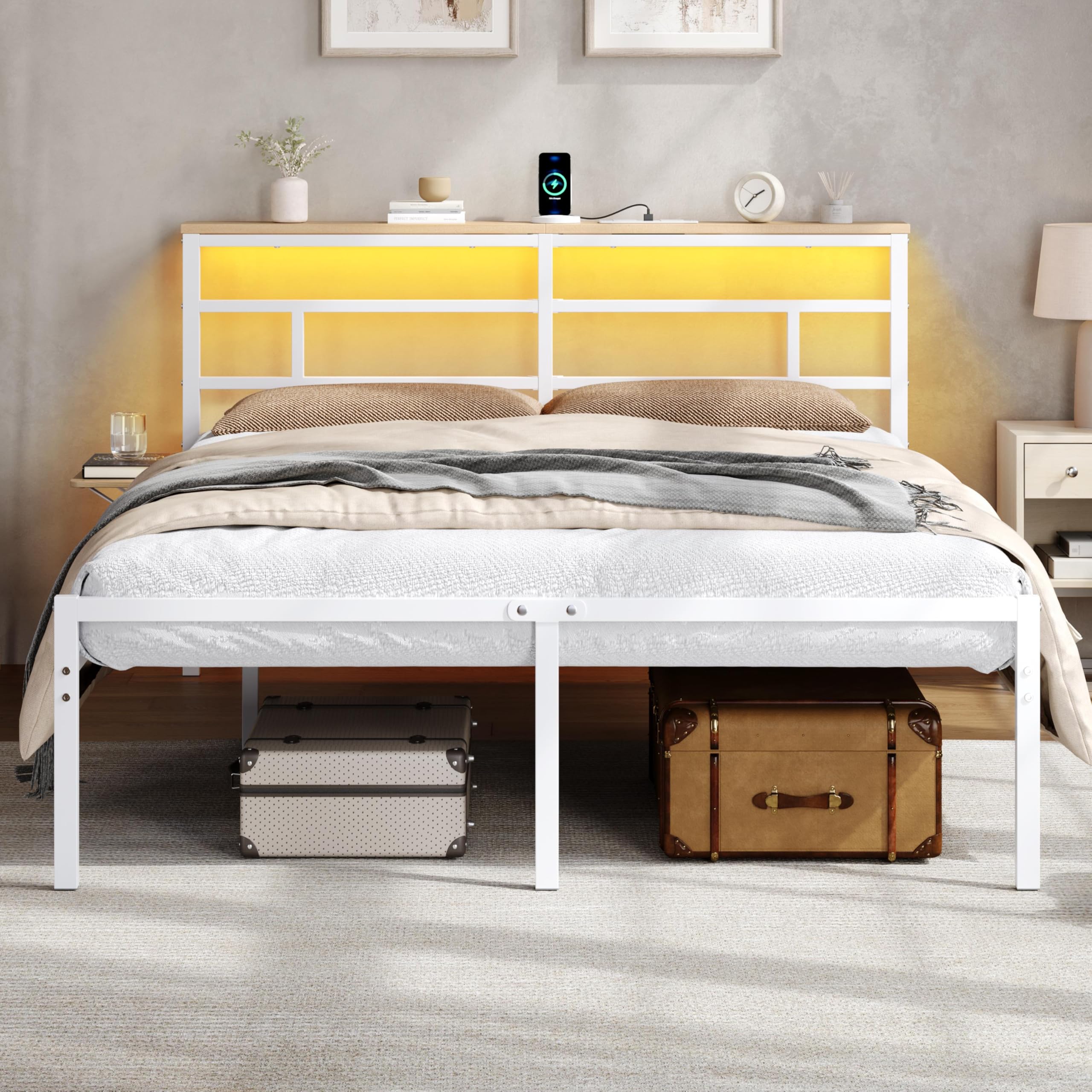 Yaheetech King Metal Bed Frame with LED Lights, 150 x 200 cm Bed Frame with Charging Station, Wooden Storage Headboard, Easy Assembly White/King