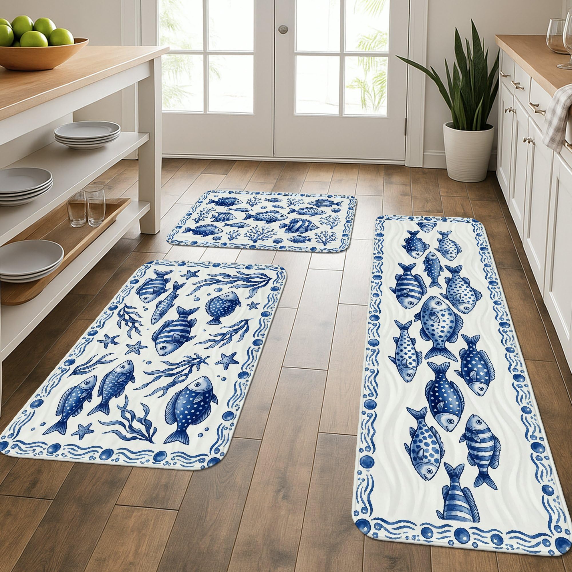 Alfombrillas de cocina suaves y lavables de 3 piezas estilo océano
