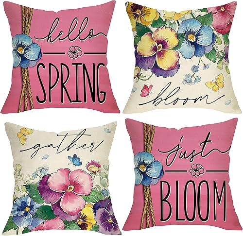 Fjfz Juego de 4 fundas de almohada decorativas de gnomo de primavera, 18 x 18 pulgadas, diseño de tulipán, lirio, margaritas, flores, porche,