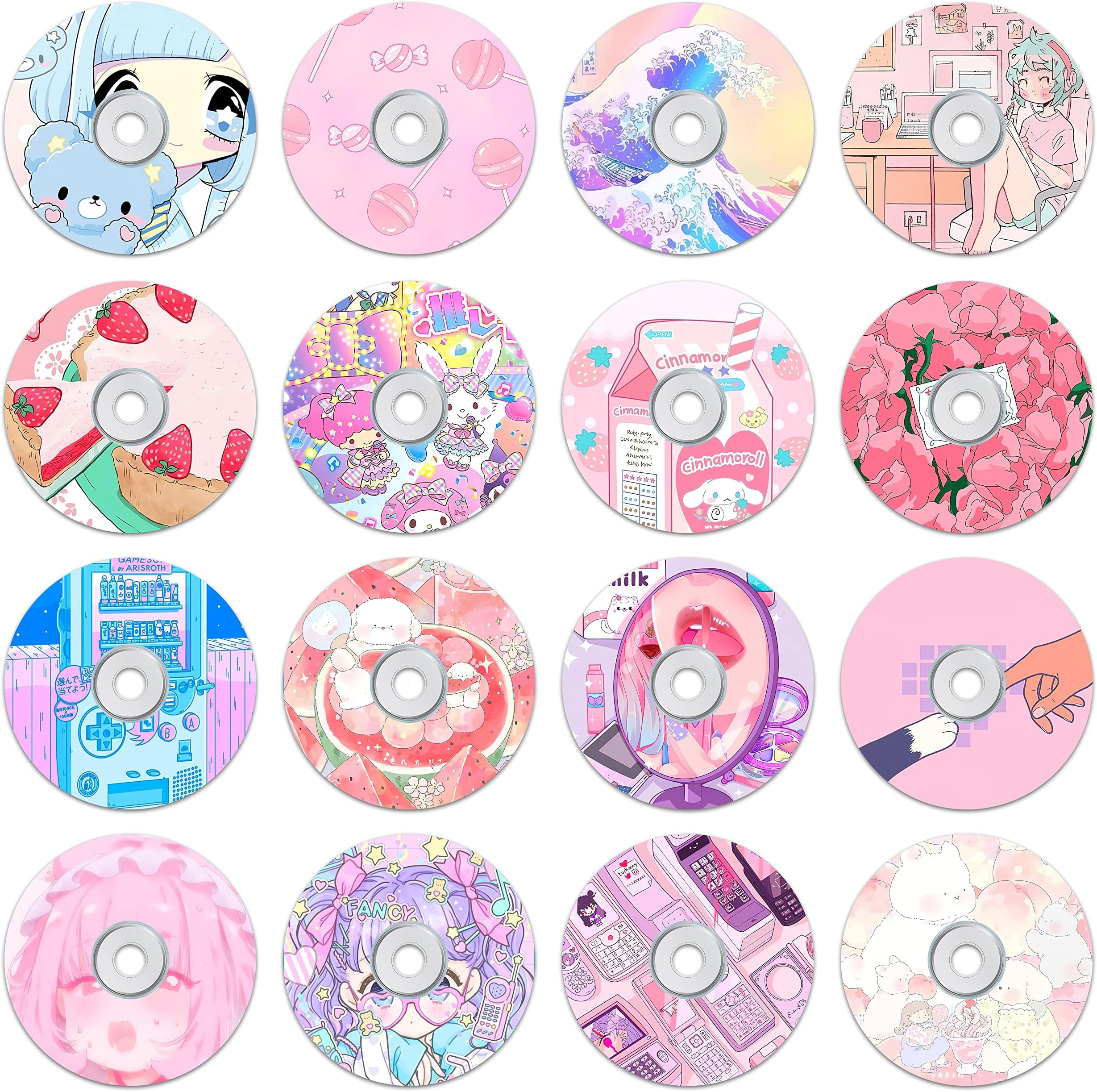 HK Studio Kawaii Records for Wall Aesthetic 5.1" Pack 16 - PVC, CD Size Kawaii Record Wall Decor for Dorm, Bedroom