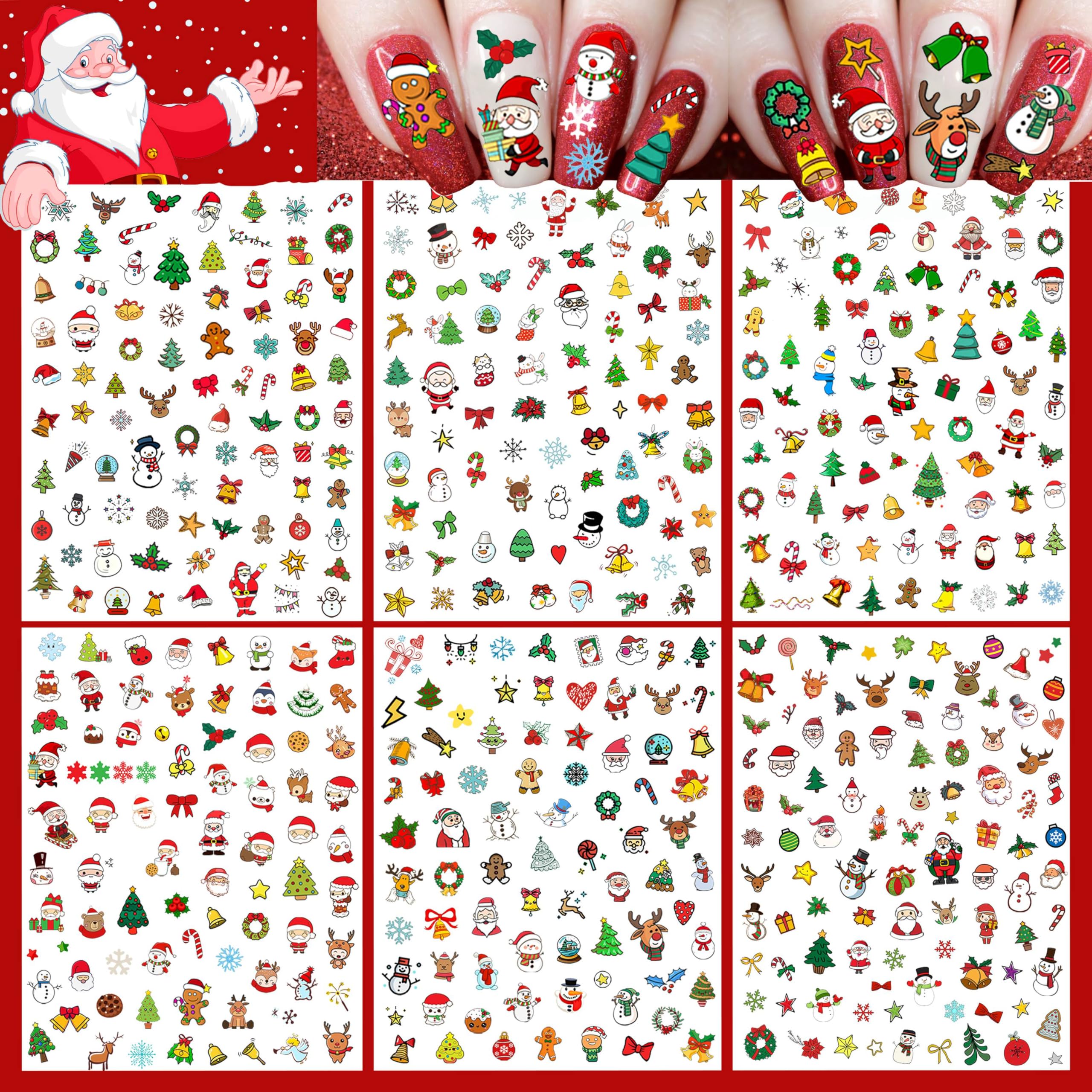 COKTAK 6 Sheets Christmas Nail Art Stickers Decals for Women Manicure, Funny Santa Claus Elk Deer Self-Adhesive Nail Decals Stickers, Xmas Snowman Nail Decoration Christmas Accessories Party Supplies