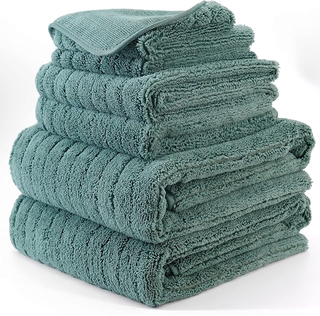 POLYTE Microfibre Oversize, 76 x 152 cm, Quick Dry Lint Free Bath Towel Set, 6 Piece (Green, Ribbed Design)