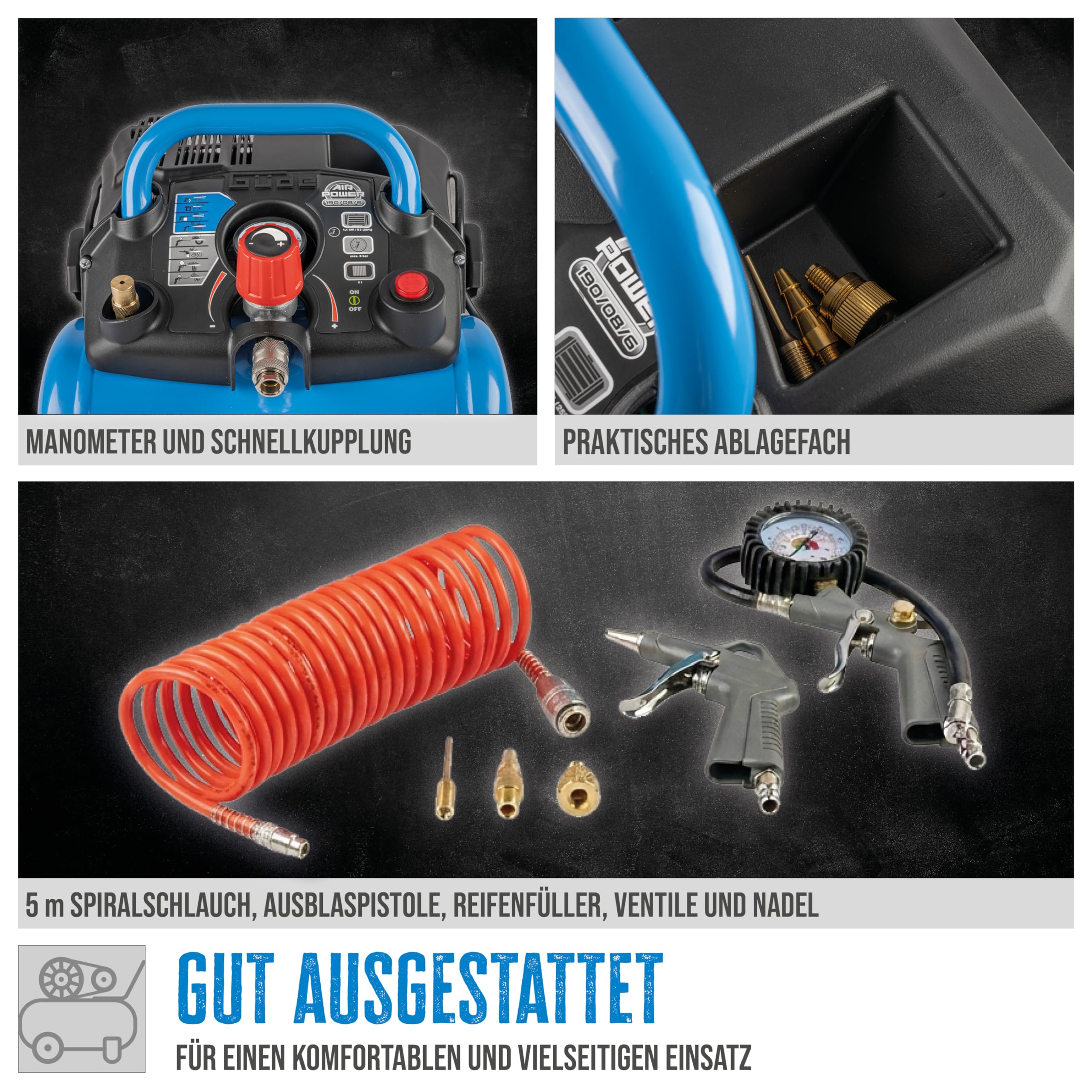 Güde Kompressor Airpower 190/08/6 (ölfrei, max. Druck 8 bar, Kessel 6 l, 1100 W, eff. Liefermenge 145 l/min, Druckminderer/Manometer/Kondensatablassschraube, inkl. 6-tlg. Zubehör, Testnote SEHR GUT)