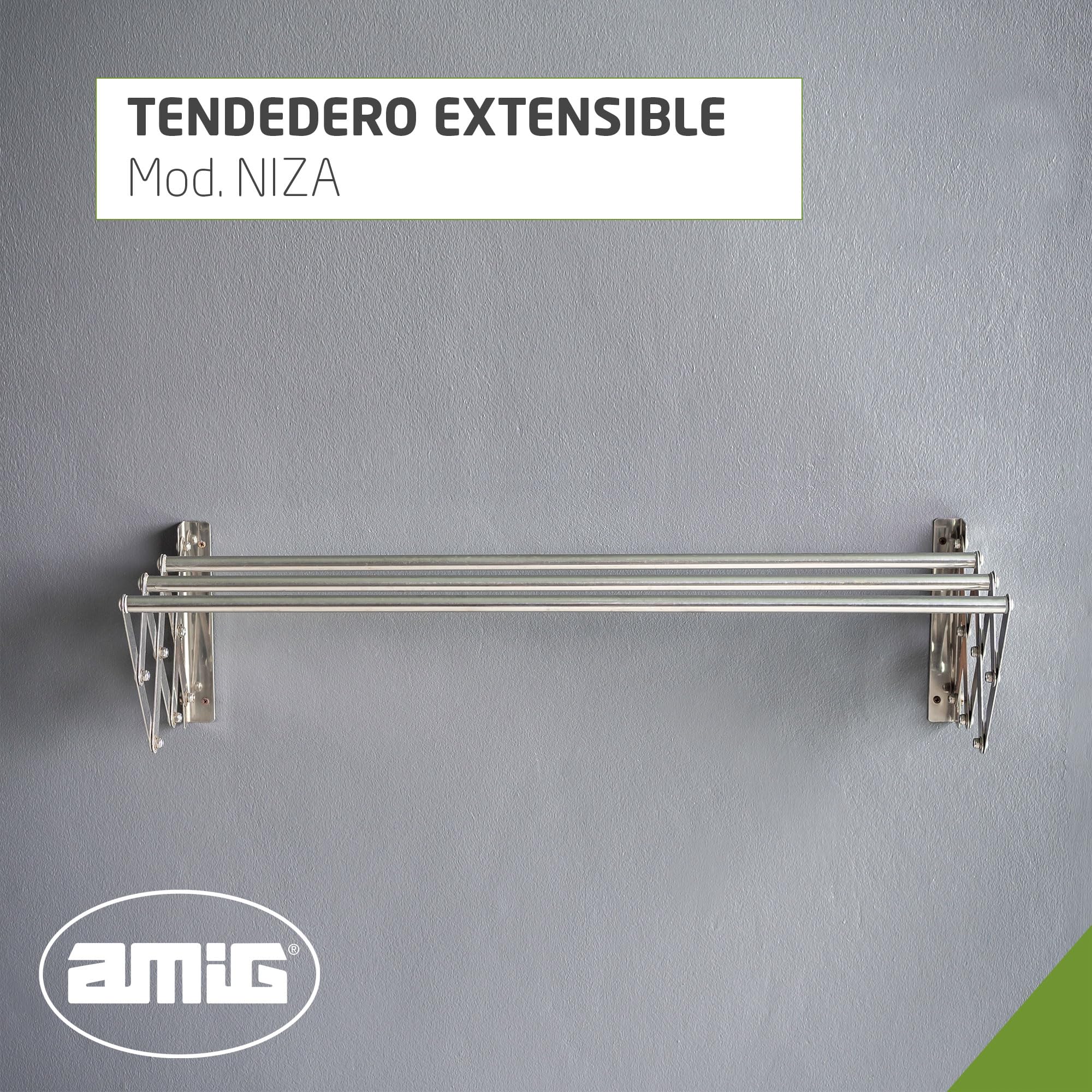 Amig - Tendedero Extensible de Pared Niza - Fabricado en Aluminio de Alta Resistencia - Acabado Inoxidable - Medidas: 120x14x3cm - Tenderete de Ropa Exterior Plegable