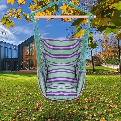Miniatura 7 de Silla hamaca colgante de cuerda con 2 almohadas, cómodo y duradero, asiento de columpio con diseño de rayas, para interiores, exteriores,