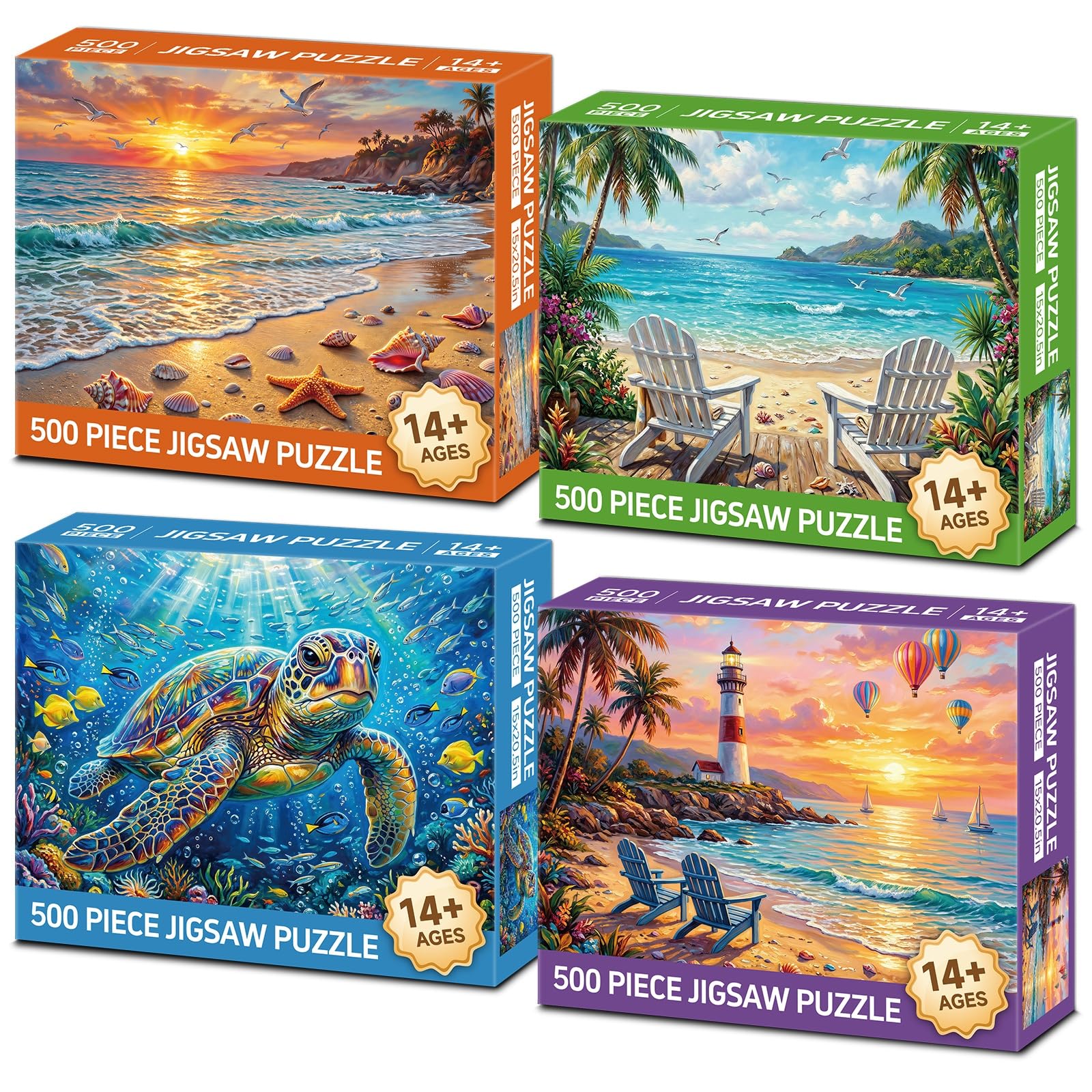 4-Pack 500 Piece Puzzles for Adults, Cool Fun Beach Puzzles for Adults 500 Pieces, Sea Tu…