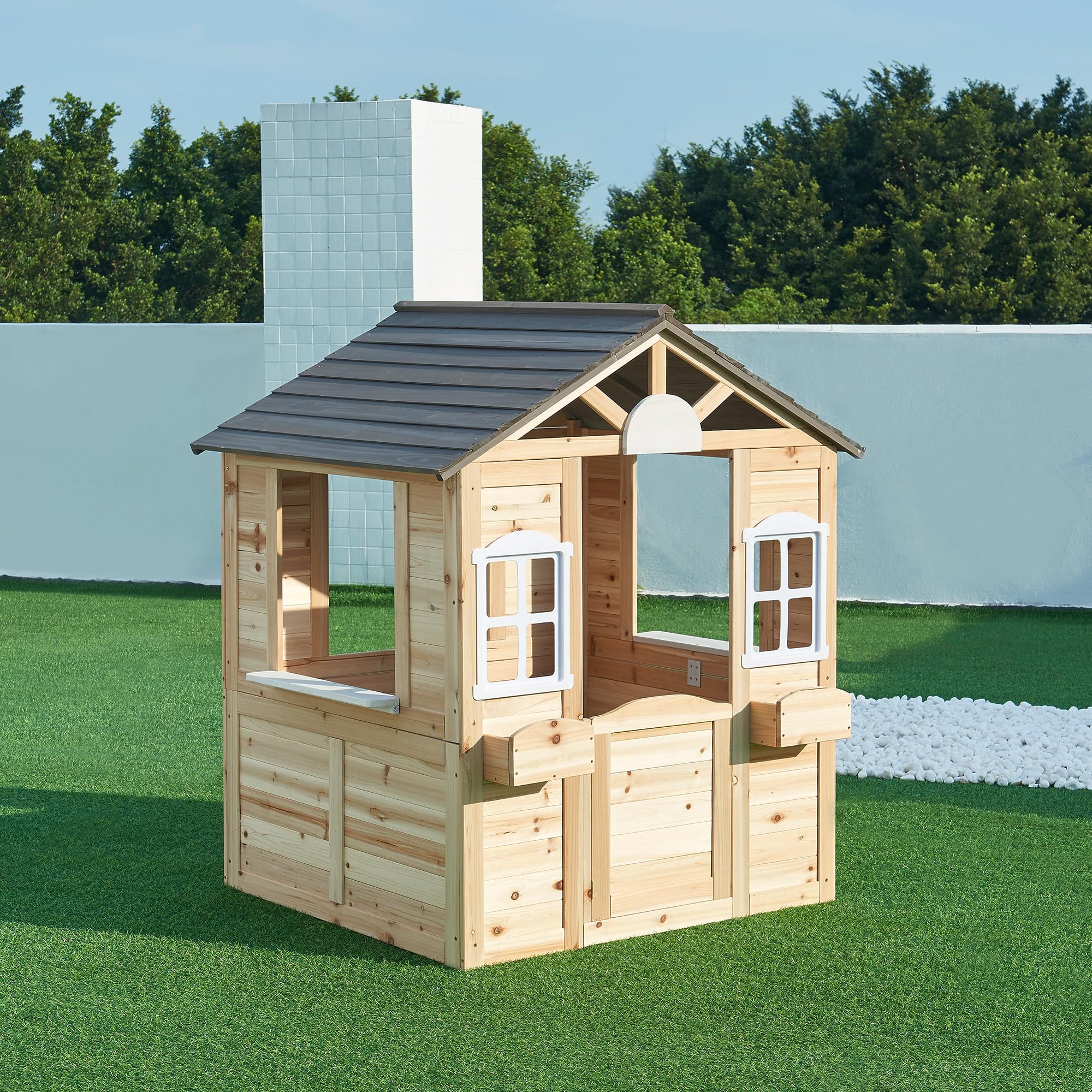 casa.pro Casa de Juegos Acciano con Jardineras Casita para Niños con Ventanas y Puerta Abatible Casa de Madera para Exterior y Jardín de Madera de Abeto 131x113x97 cm - Natural/Gris