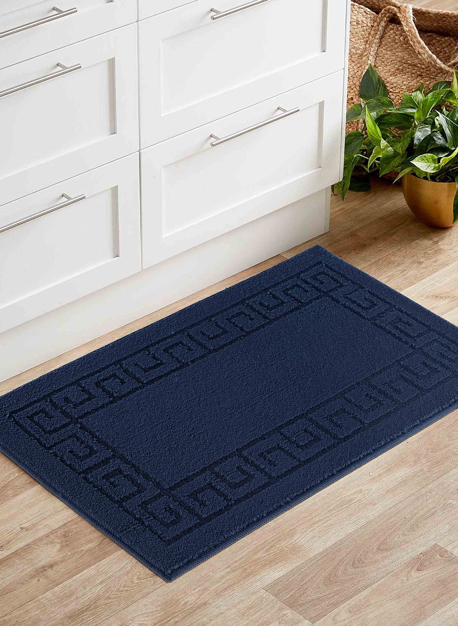 Serdim Rugs Navy-Greek Ivy Washable Door Mat Kitchen Mats Non Slip Greek Key Design Kitchen & Hall Runners Doormats, Navy, 50X80 Cm