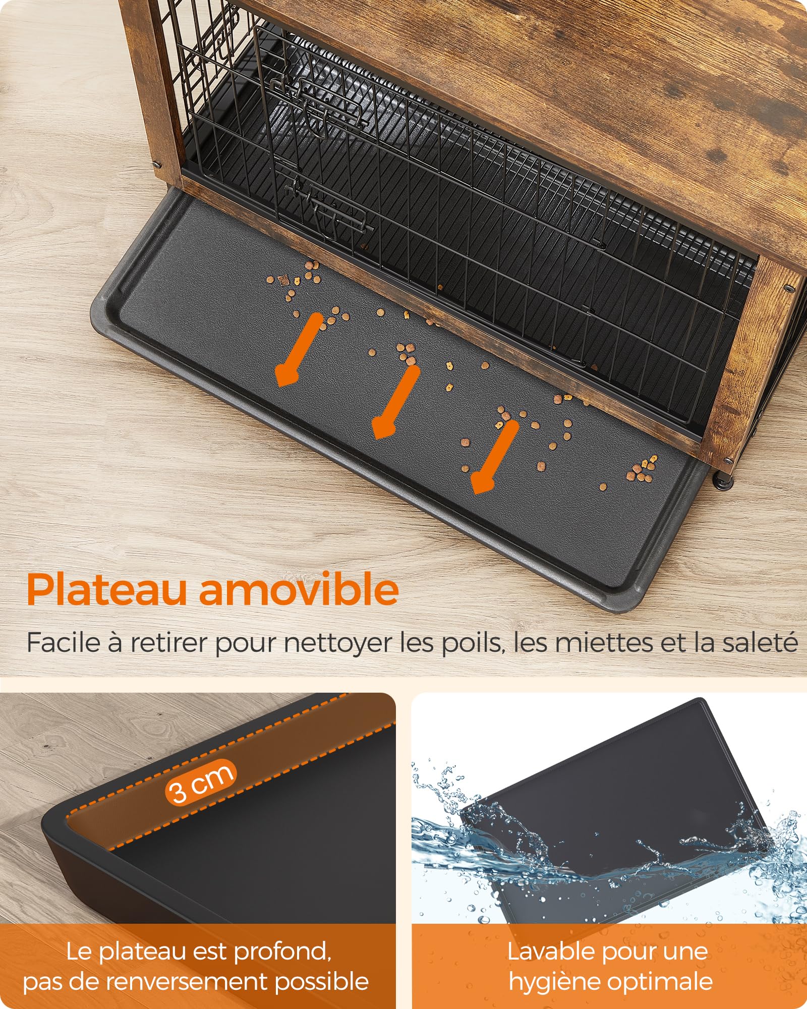 Feandrea Cage pour Chiens, Table d’Appoint, Niche Moderne pour Chiens Jusqu’à 32 kg, Cage pour Chiots, Plateau Amovible, Maisonnette pour Animaux, 2 Portes, Marron Rustique PFC003X01