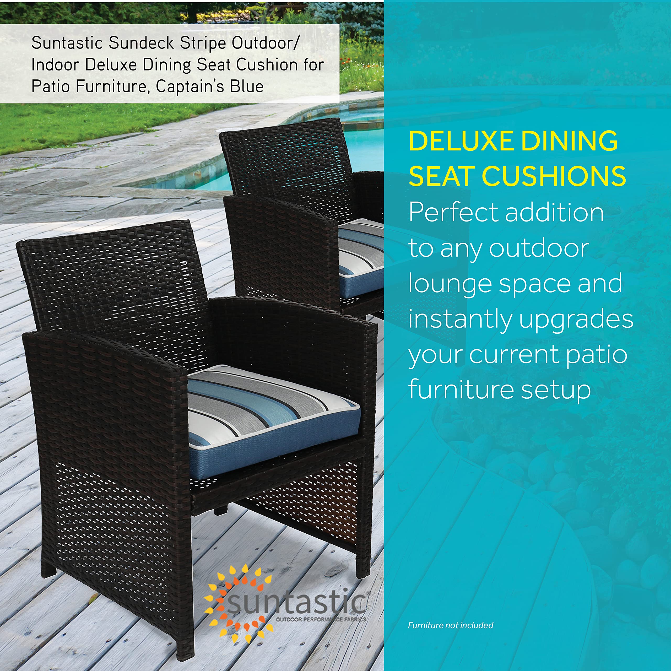 Condition photo showing New/Like New for suntastic sundeck stripe outdoor/indoor deluxe dining seat cushion for patio furniture, 18" x 19" x 3", captain's blue (2 pack)