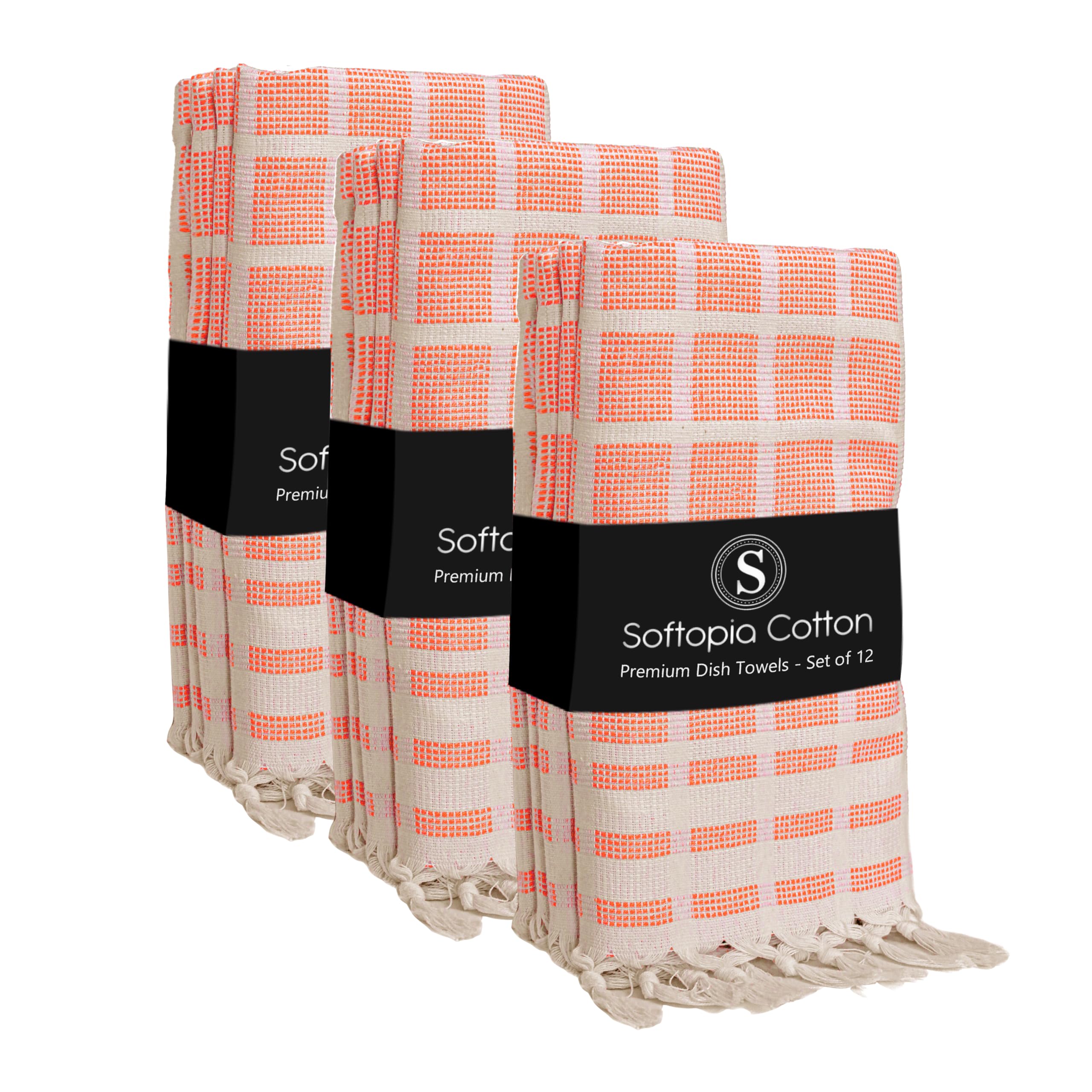 Matrix Dobby Kitchen Towels 12 Pack 100% Cotton, 16x26 Inches, Decorative Tea Towels with Handmade Tassels, Absorbent, Reusable Dish Cloths for Drying Dishes - Bright Orange, Natural
