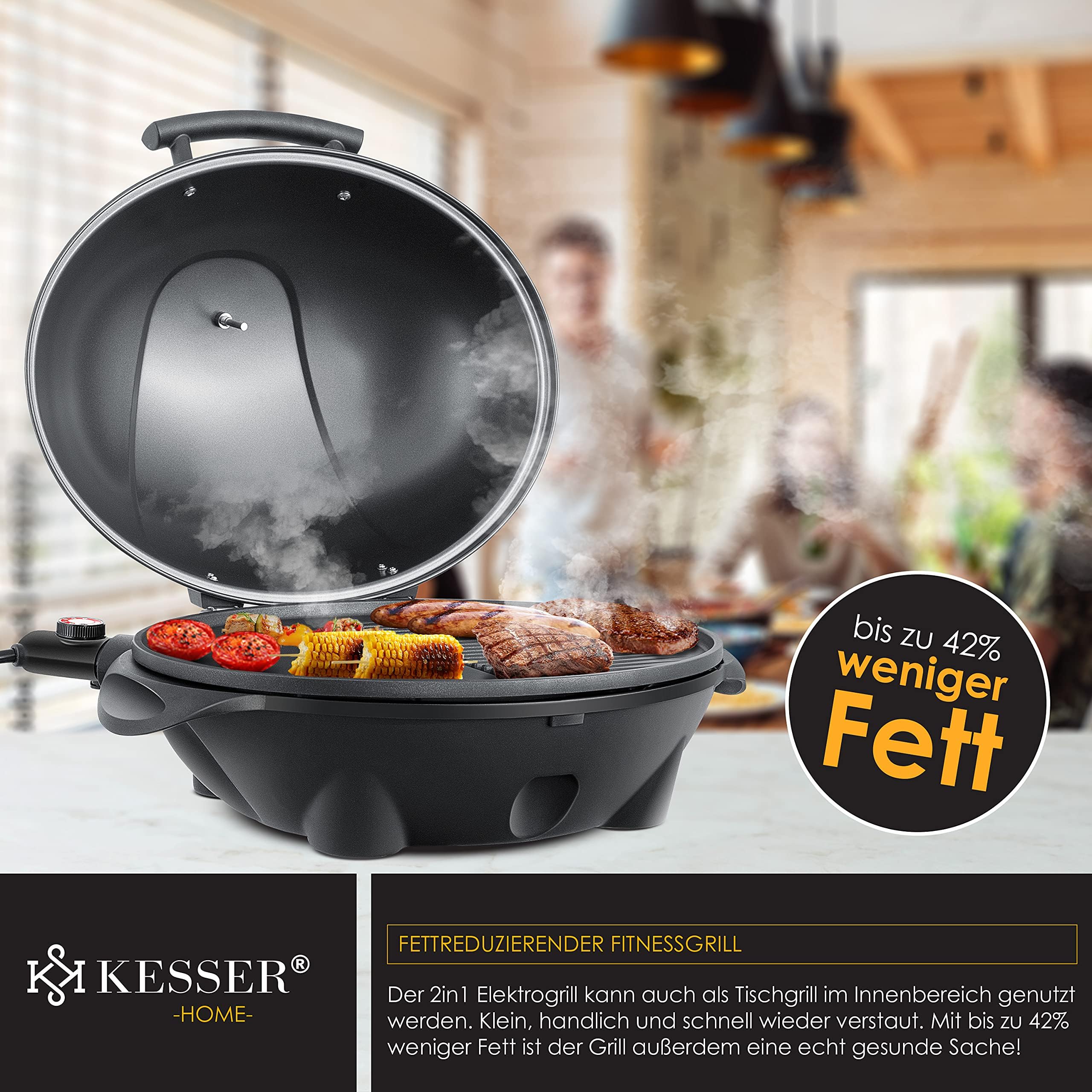 KESSER® elektrischer Elektrogrill 2in1 Tischgrill - Standgrill mit Deckel Standfuß | max. 2400 Watt Thermometer | Antihaftbeschichtung | XXL Grillplatte | integrierte Ablagefläche Elektro-Säulengrill