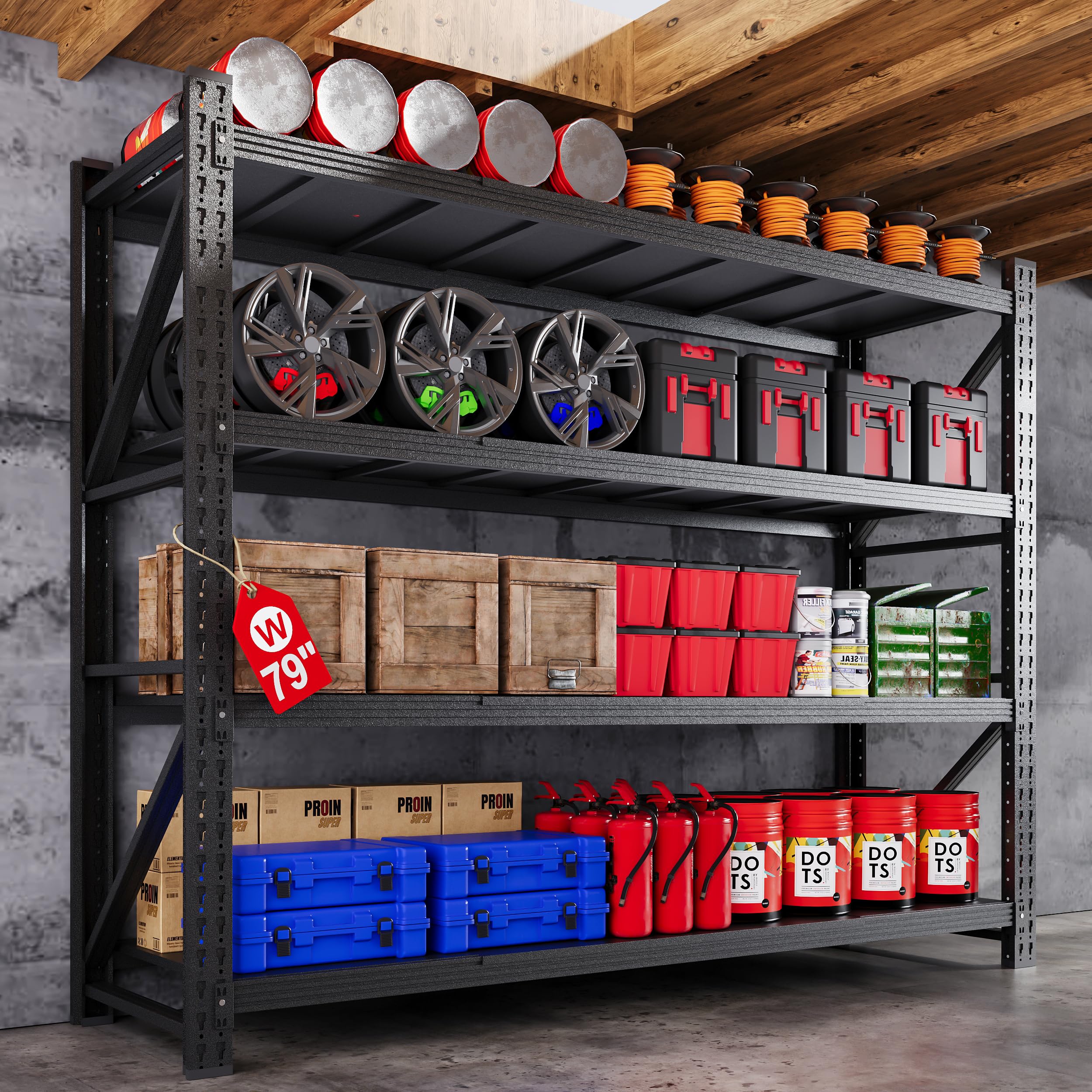 AFAIF 79 inch wide heavy duty industrial shelving rack in black with modular metal shelf panels