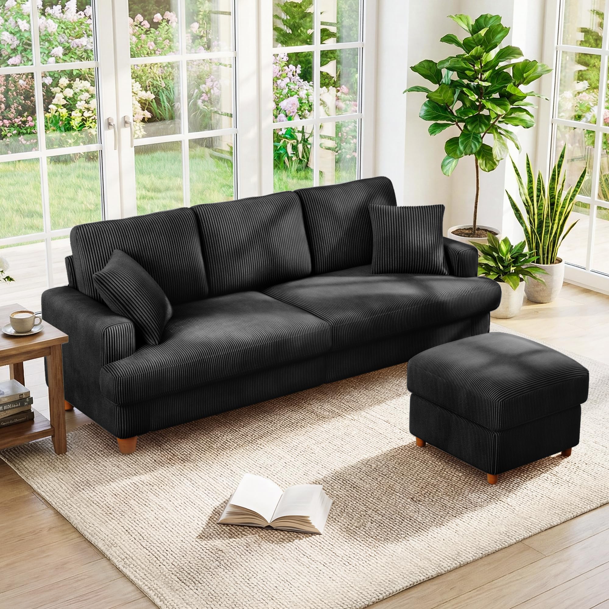 Kidirect 87" L Shaped Modular Sectional Sofa &amp; Ottoman Black Corduroy Couch