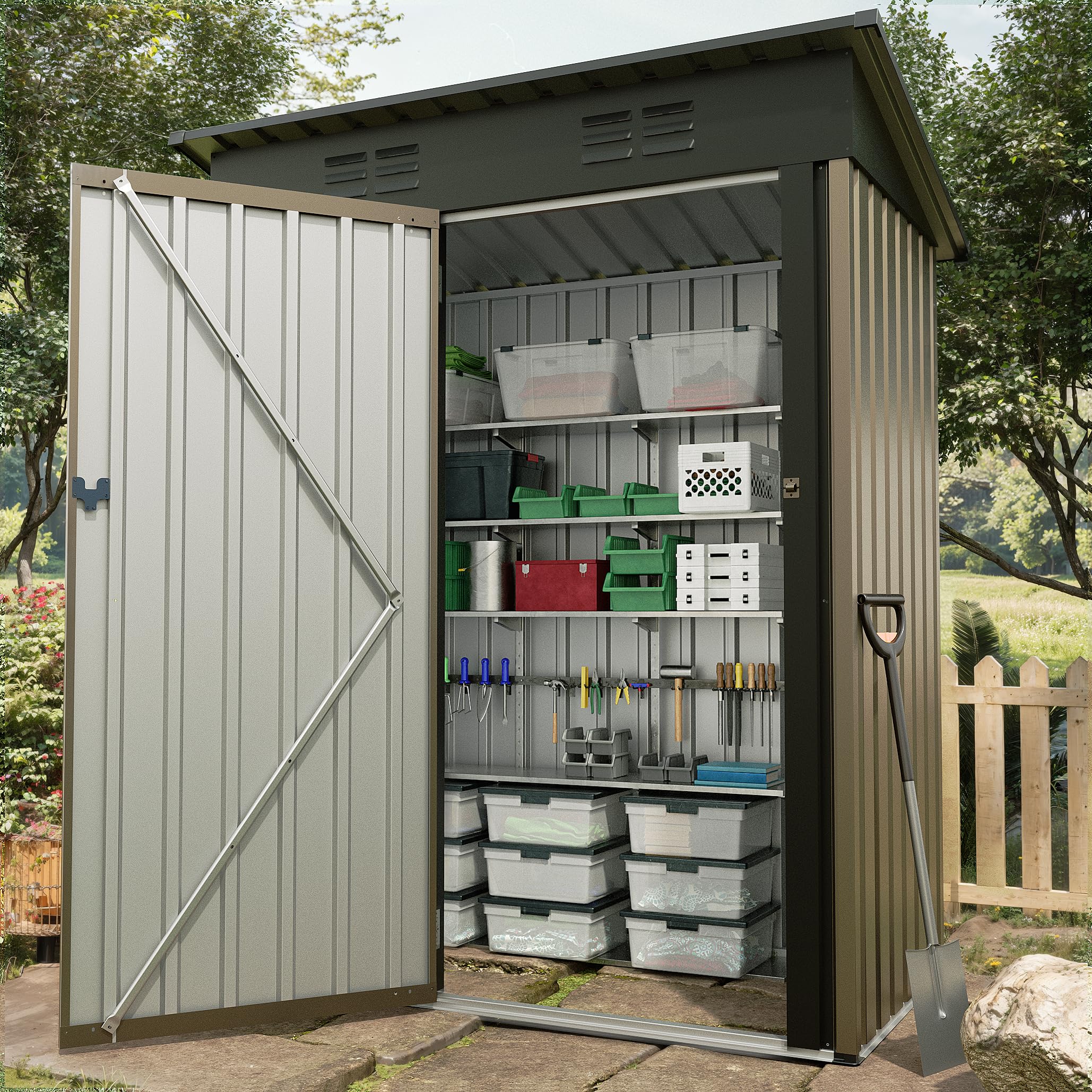 Kompaktes Metall Gerätehaus mit Abschließbarer Einzeltür & Schrägem Dach – Wetterfester Outdoor Stauraum, Platzsparend für Werkzeuge & Geräte – 152 x 91 x 183 cm, Braun