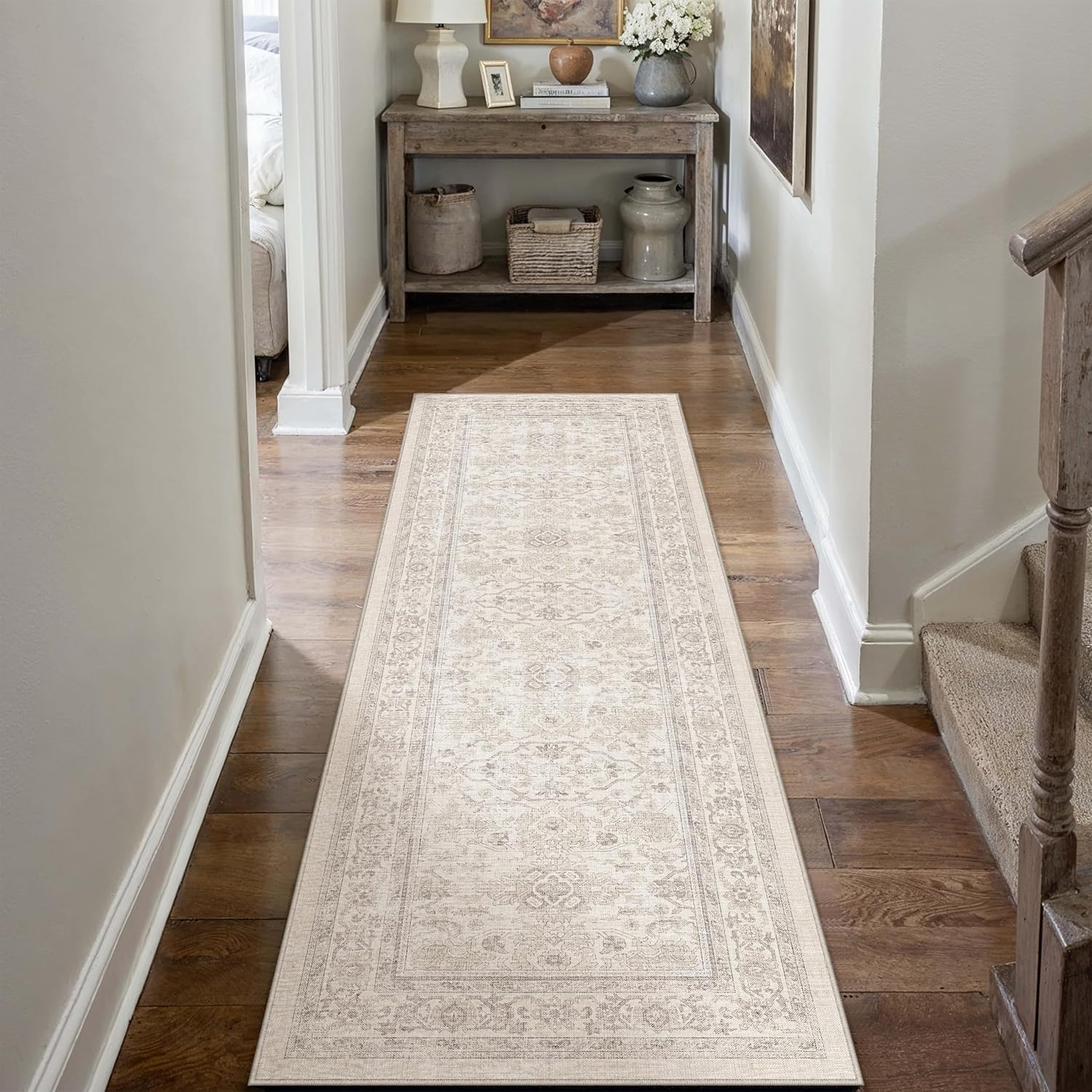 HUGEAR 2x6 Runner Rug Hallway Retro Beige Machine Washable Vintage Floral Low Pile Carpet Vacuumable Distressed Long Throw Rug Bedroom Office Bathroom Kitchen Laundry Non Slip Soft Lightweight