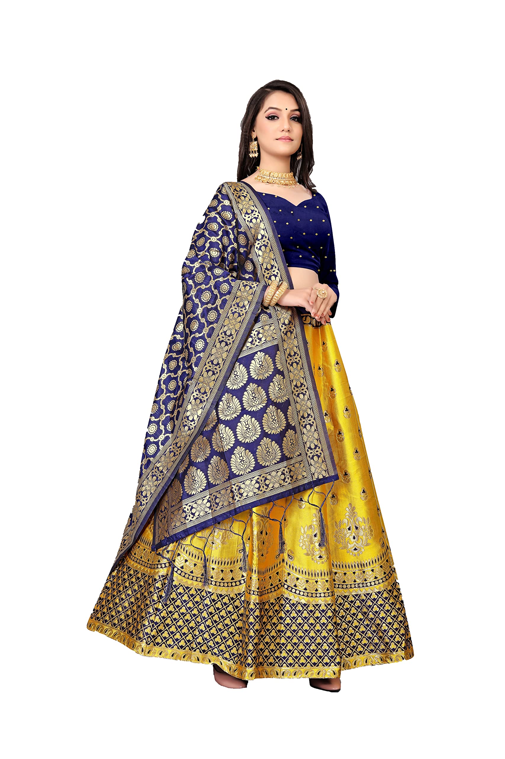 DISHWA FASHIONBanarasi Semi Stitched Lehenga Choli With Dupatta For Women Ideal For Weddings Family Functions Self Design Lehenga Choli, Yellow, One Size