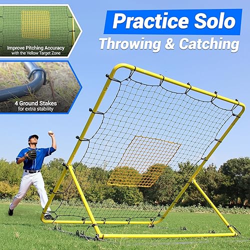 Miniatura 5 de Red de rebote de béisbol resistente, 4 x 4.5 pies, entrenador de campo profesional de softbol con 3 ángulos ajustables para tierra, conducción de