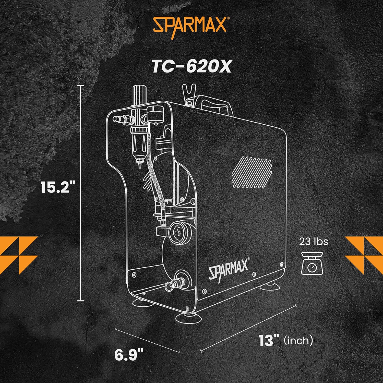 Dimensions of Sparmax TC-620X Compressor: 15.2 inches height, 13 inches length, 6.9 inches width, and 23 lbs weight