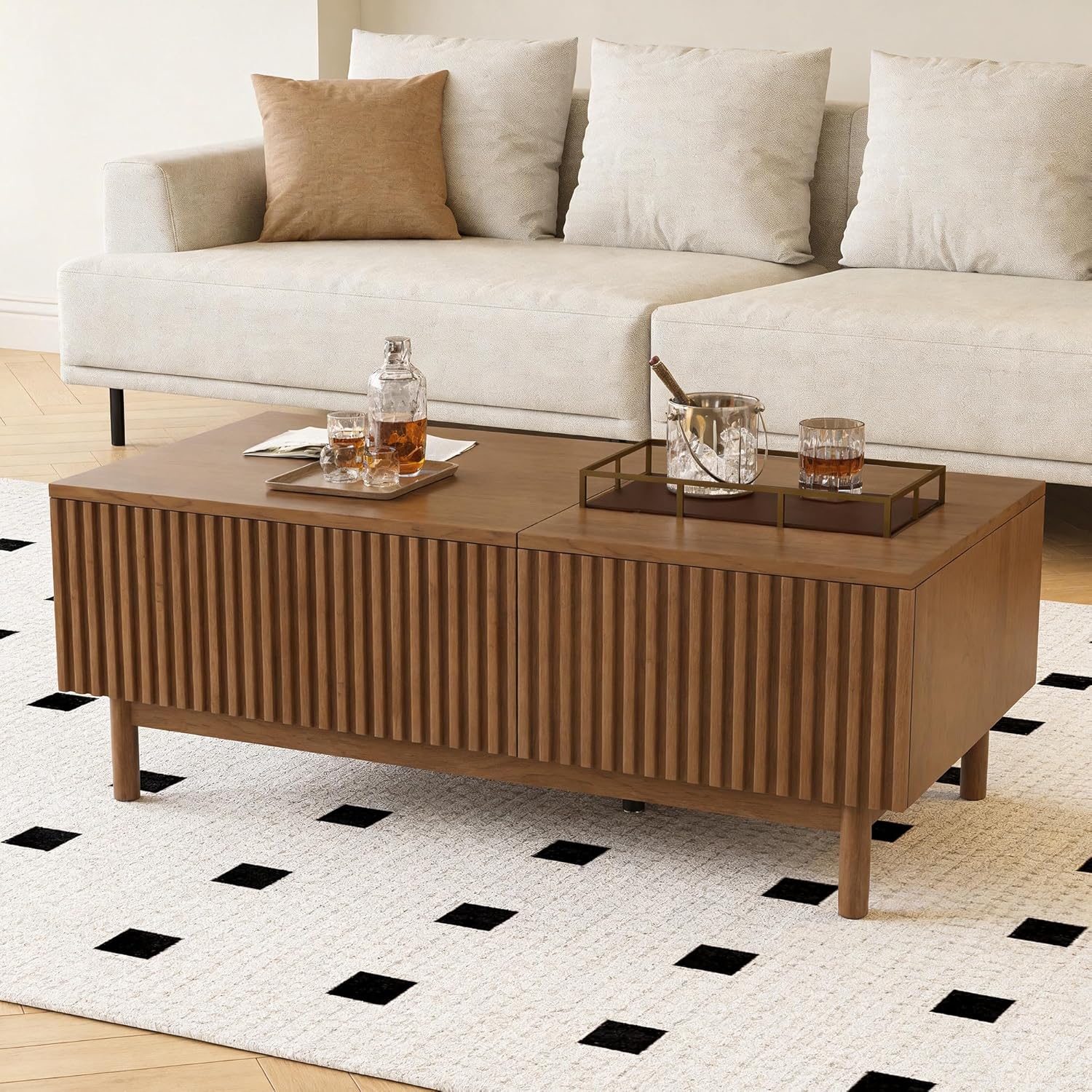 51.1" Mid-Century Modern Lift-Top Coffee Table, Walnut Rectangular Center Table with Hidden Storage, Drawers & Solid Wood Legs, for Living Room, Apartment & Office