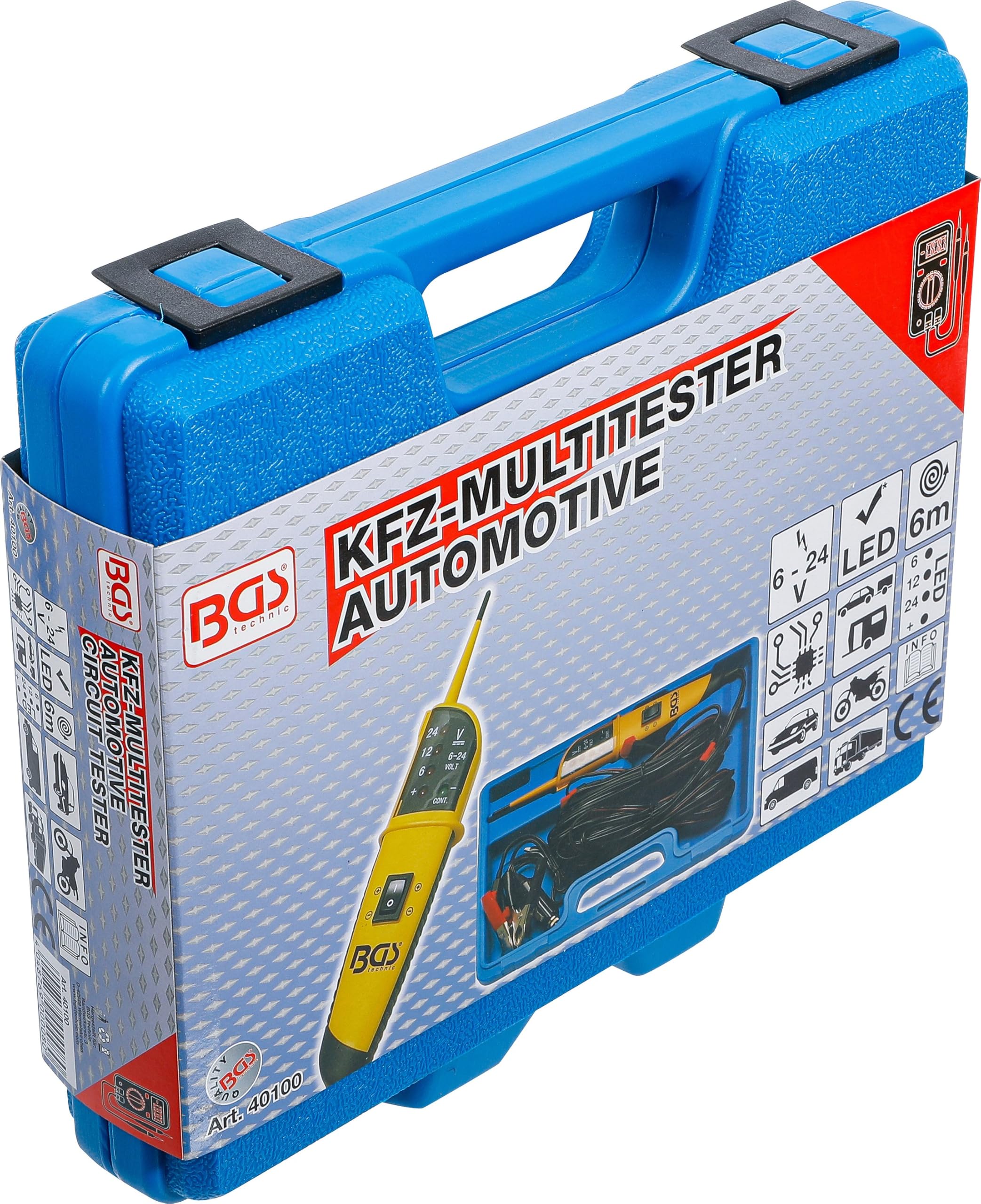 BGS 40100 | Kfz-Multitester | 6-24 V | für Pkw, Lkw, Motorrad | Einhand-Bedienung | LED-Arbeitslicht | positives/negatives Potential | 10 A | Durchgangsprüfer | 6 m Versorgungskabel