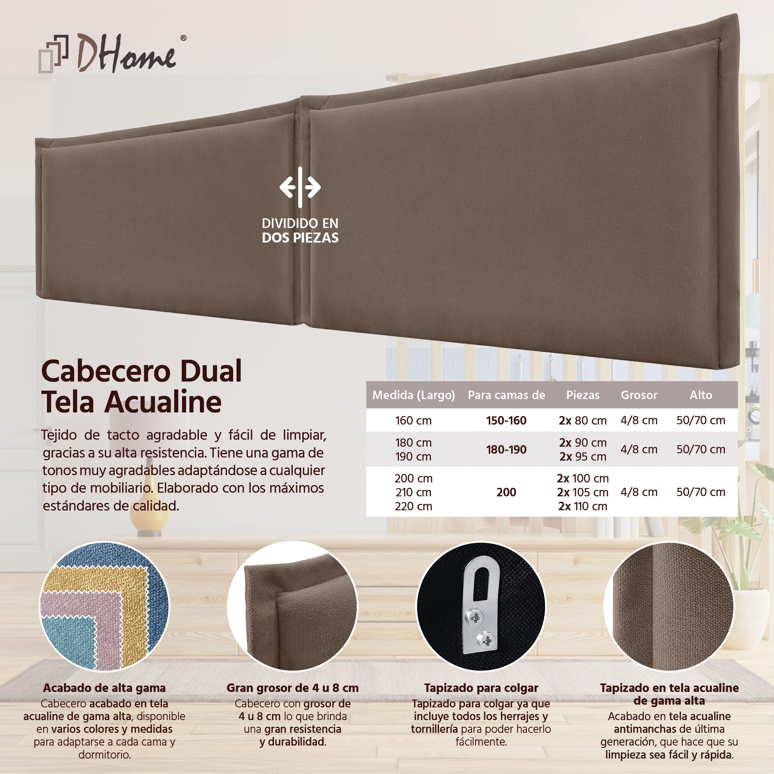 DHOME Testiera Imbottita in Tessuto Aqualine con Bordino da Parete Fonoassorbente Acustica Testata Letto per Camera Moderna di Tendenza (Marrone, 4cm Sp., 70cm Alt., 200cm Dual)
