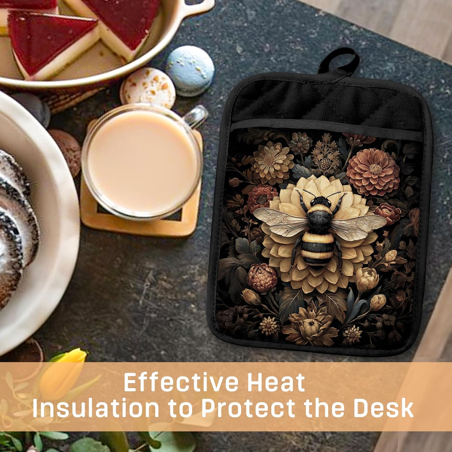 Dark Vintage Floral Bee Pot Holders with Pockets, Bee Kitchen Decor, Dark Cottagecore Gothic Bumblebee Oven Pot Holders Heat Resistant Oven Mitts Hot Pads for Kitchen Baking Cooking - Image 4