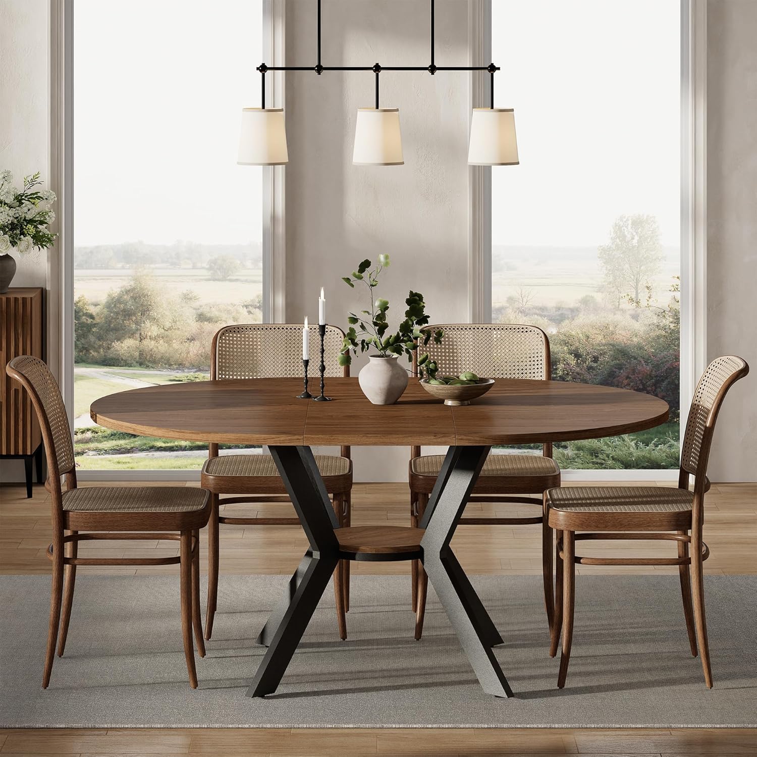 42"-58" Extendable Round Dining Table for 4-6, Kitchen Oval Table with Hidden Leaves & Storage Shelf, Space Saving Modern Design with Sturdy Metal Legs for Kitchen, Dining Room & Small Apartments