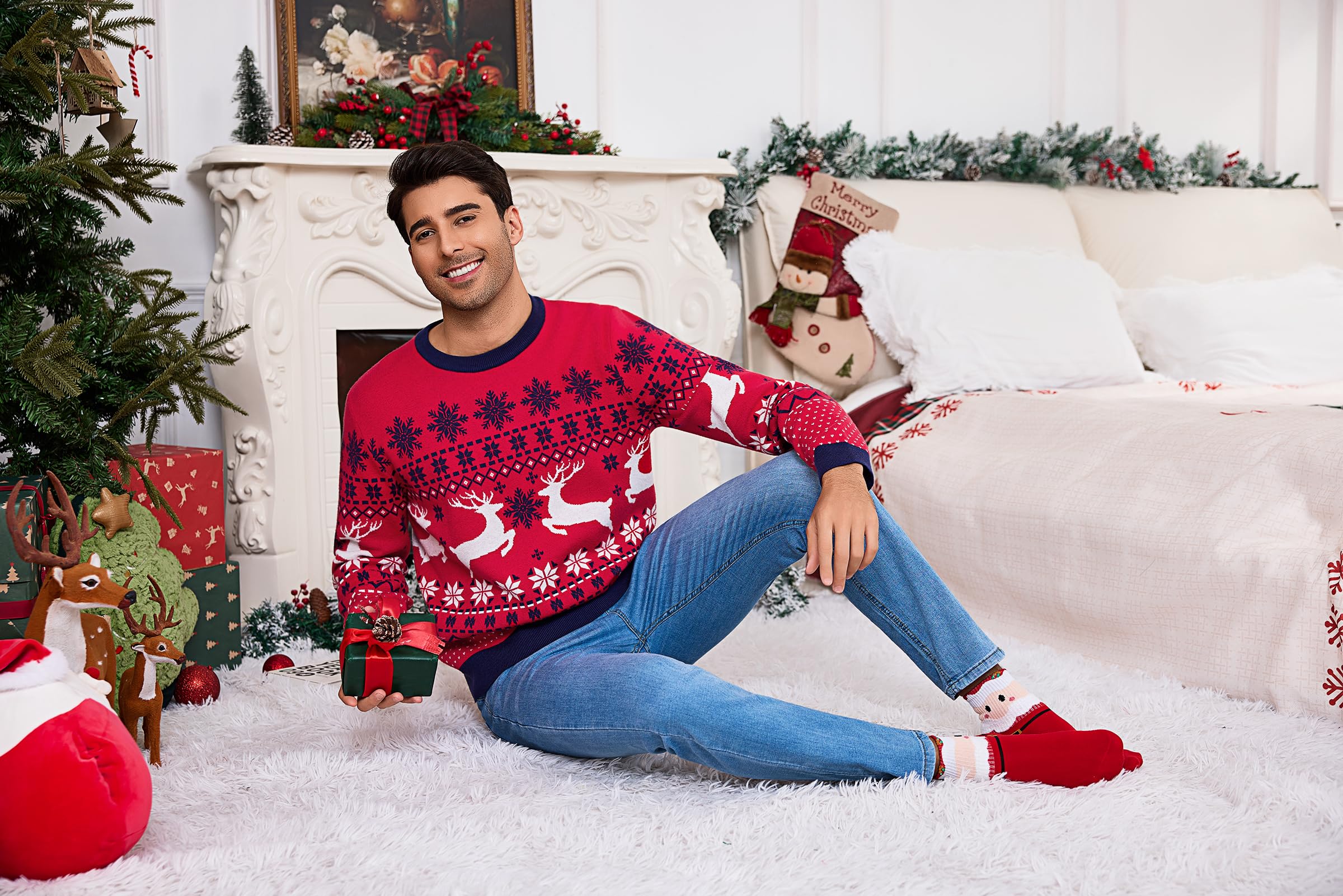 Litherday Jersey de Navidad para Hombre Ugly Christmas Sweater Divertido Jersey de Navidad Cuello Redondo Jerseys de Punto con Copo de Nieve para Navidad Fiesta