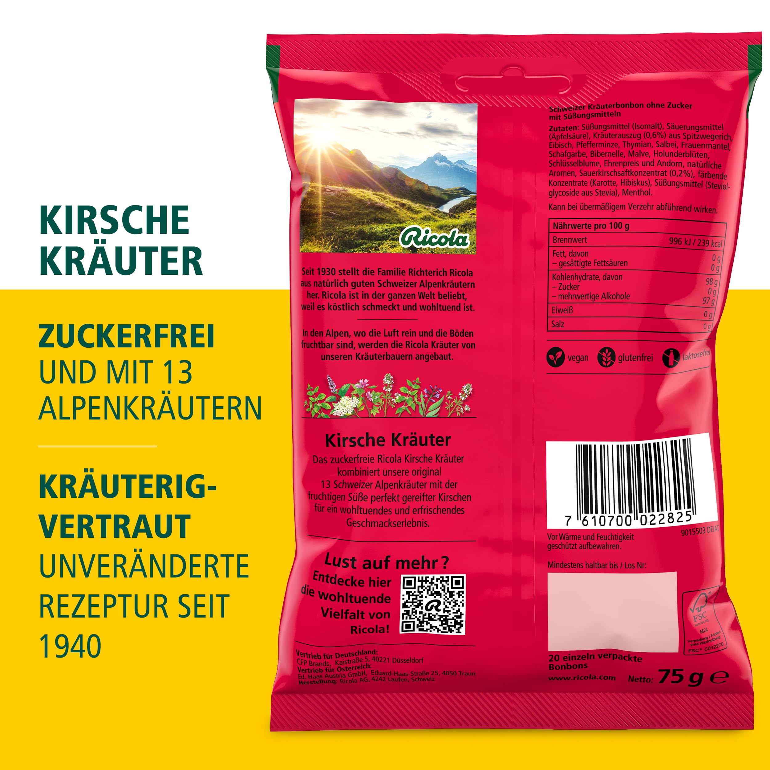Ricola Kirsche Kräuter, 18 Beutel Original Schweizer Kräuter-Bonbons mit 13 Alpenkräutern und fruchtiger Kirsche, zuckerfrei, Vorrats-Größe, 18 x 75g