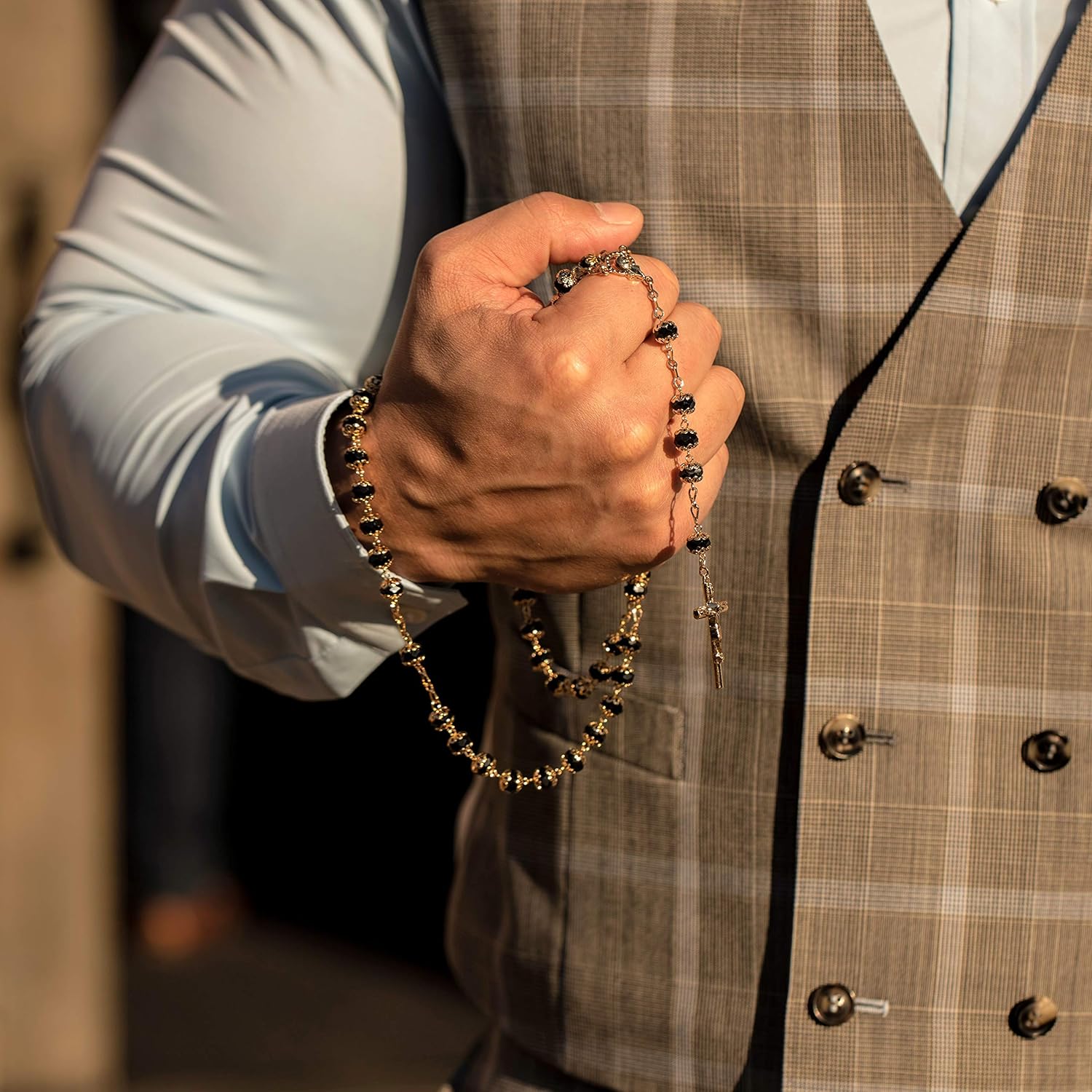 LIFETIME JEWELRY Gold Rosary Crucifix Necklace with Black Crystal Prayer Beads 24K Real Gold Plated - Image 2