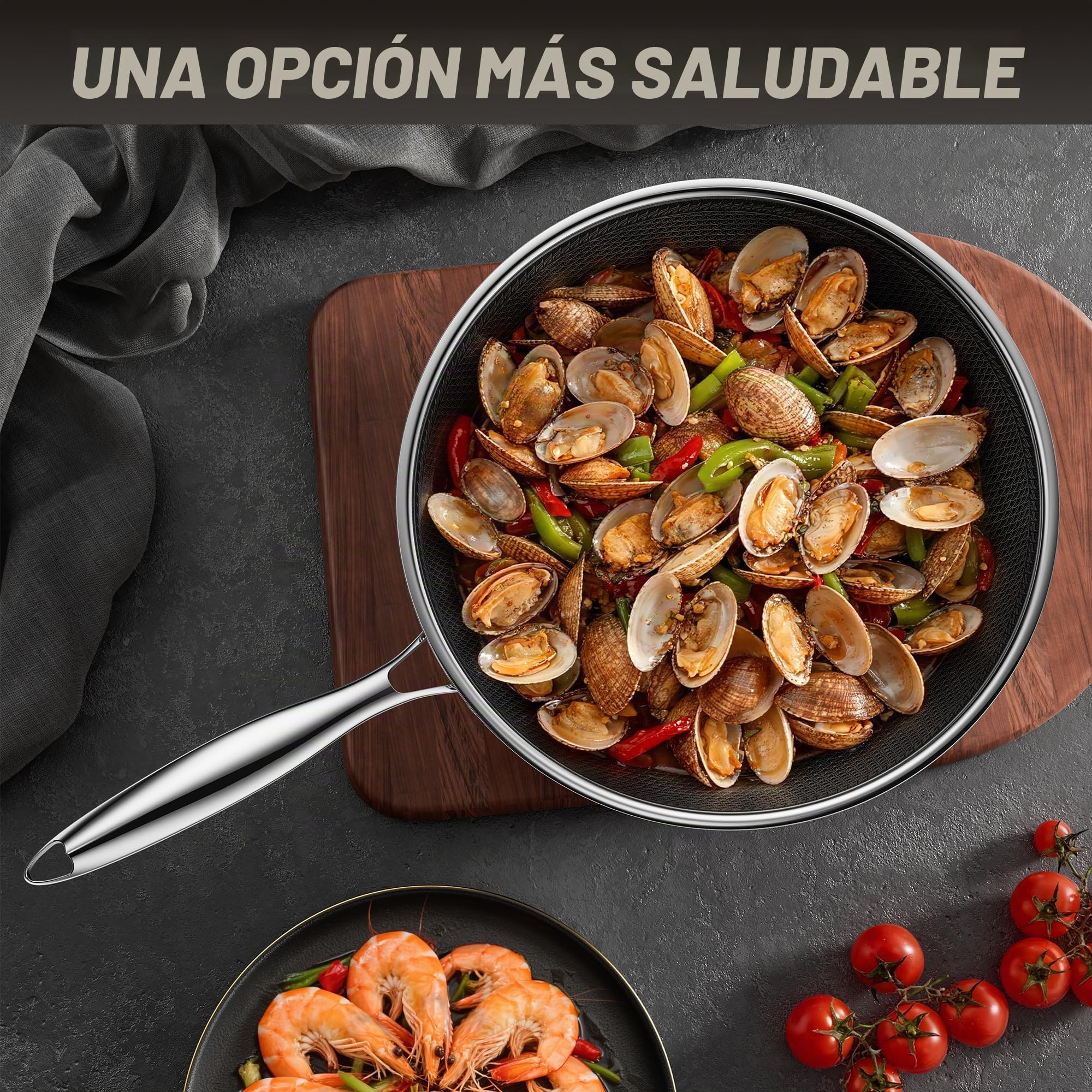 Wok antiadherente con tapa de 30 cm, wok híbrido de acero inoxidable, sartén, mango que se mantiene frío, fácil de limpiar, libre de PFAS PFOA y PTFE, apto para horno hasta 260 °C, apto para