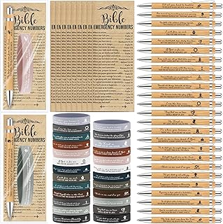 25Set Christian Church Gift Bible Verse Bamboo Pen Religious Silicone Wristband Emergency Number Bookmark Grandparent Day Gift for Church Clergy Appreciation Pastor Teacher(Simple Color,Bible Style)