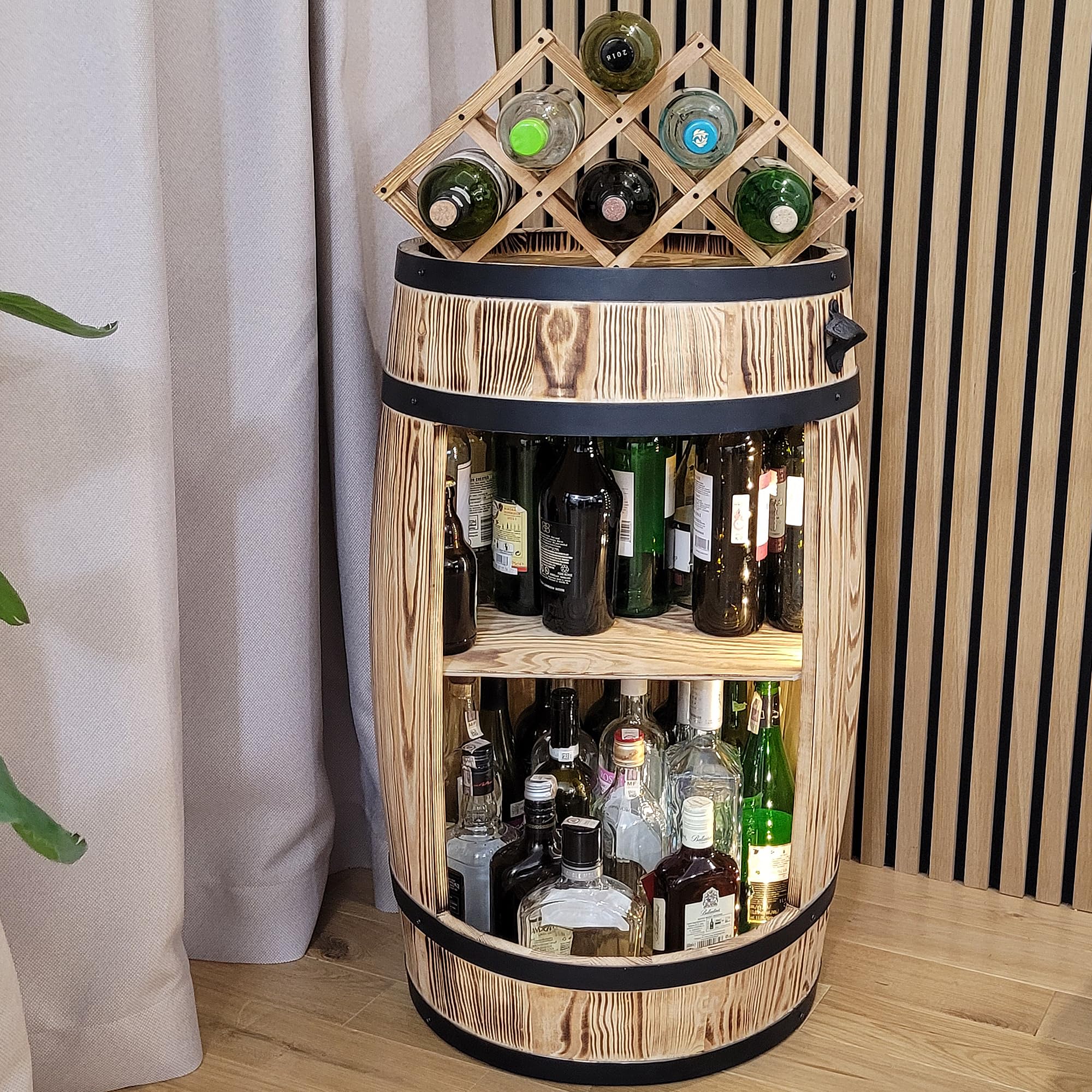 weeco Portabottiglie in legno con luci a LED e portabottiglie – Barile in legno per bicchieri e bottiglie – Montabile – Armadietto per vino – Set regalo – Wine Rack in legno 80 x 50 cm