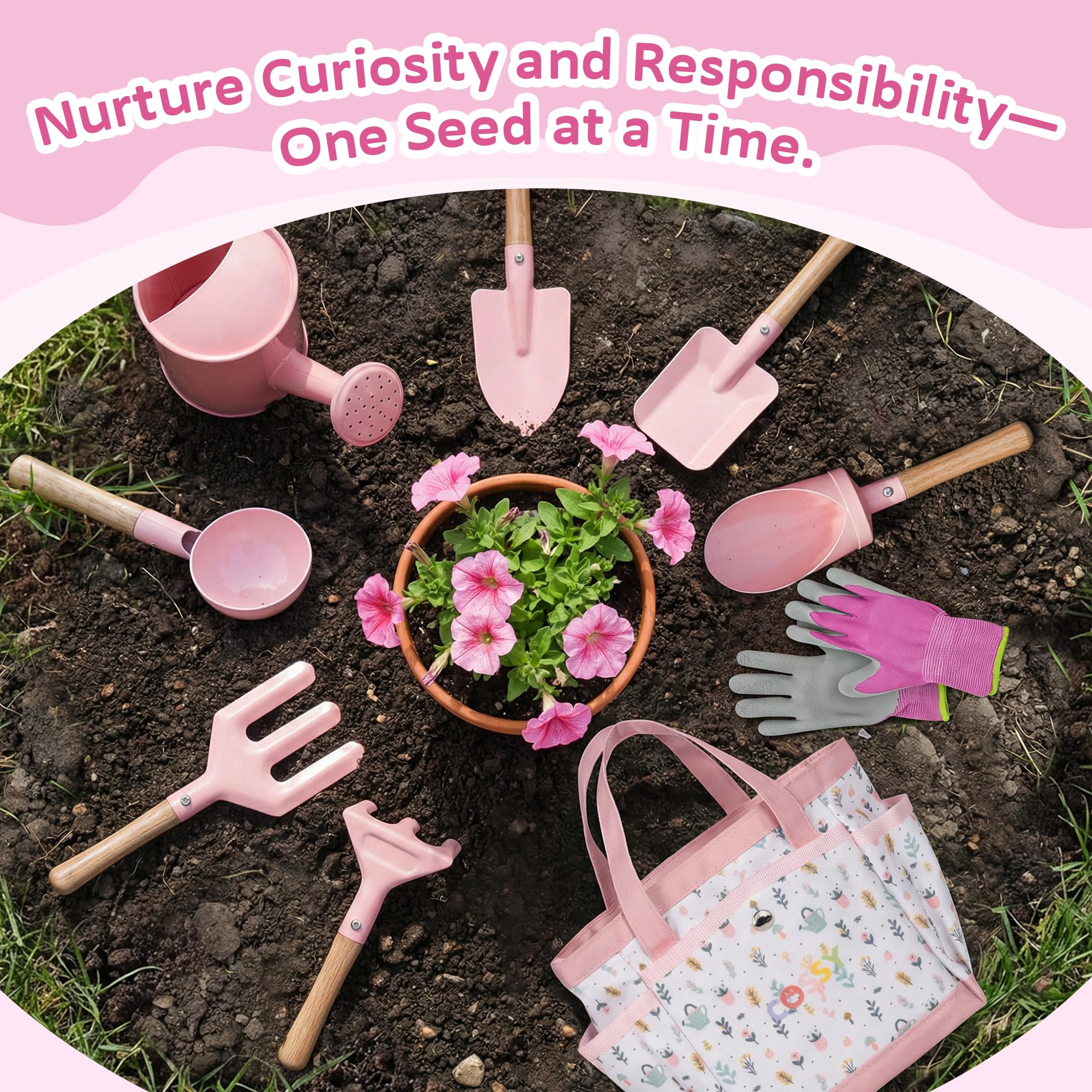 cossy Herramientas de Jardinería, Kit Jardinería para Niños de 13 Piezas, Herramientas para Huerto, Bolsa de Transporte, Regadera, Palas, Rastrillo, Guantes de Jardinería, Delantal, Rosa