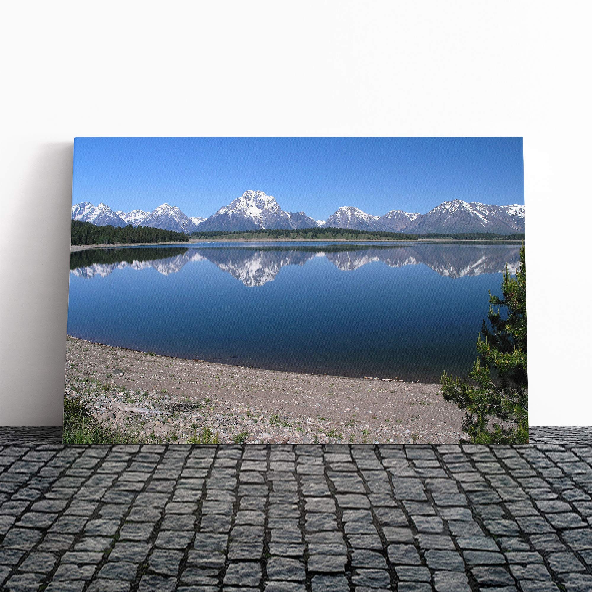 Landscape Jackson Lake and Mountains Wyoming Canvas Print | Gallery Wrapped 30mm Frame Wall Art | 30x20 inches | Ready to Hang | Contemporary Landscape Picture | Living Room Bedroom Lounge Office
