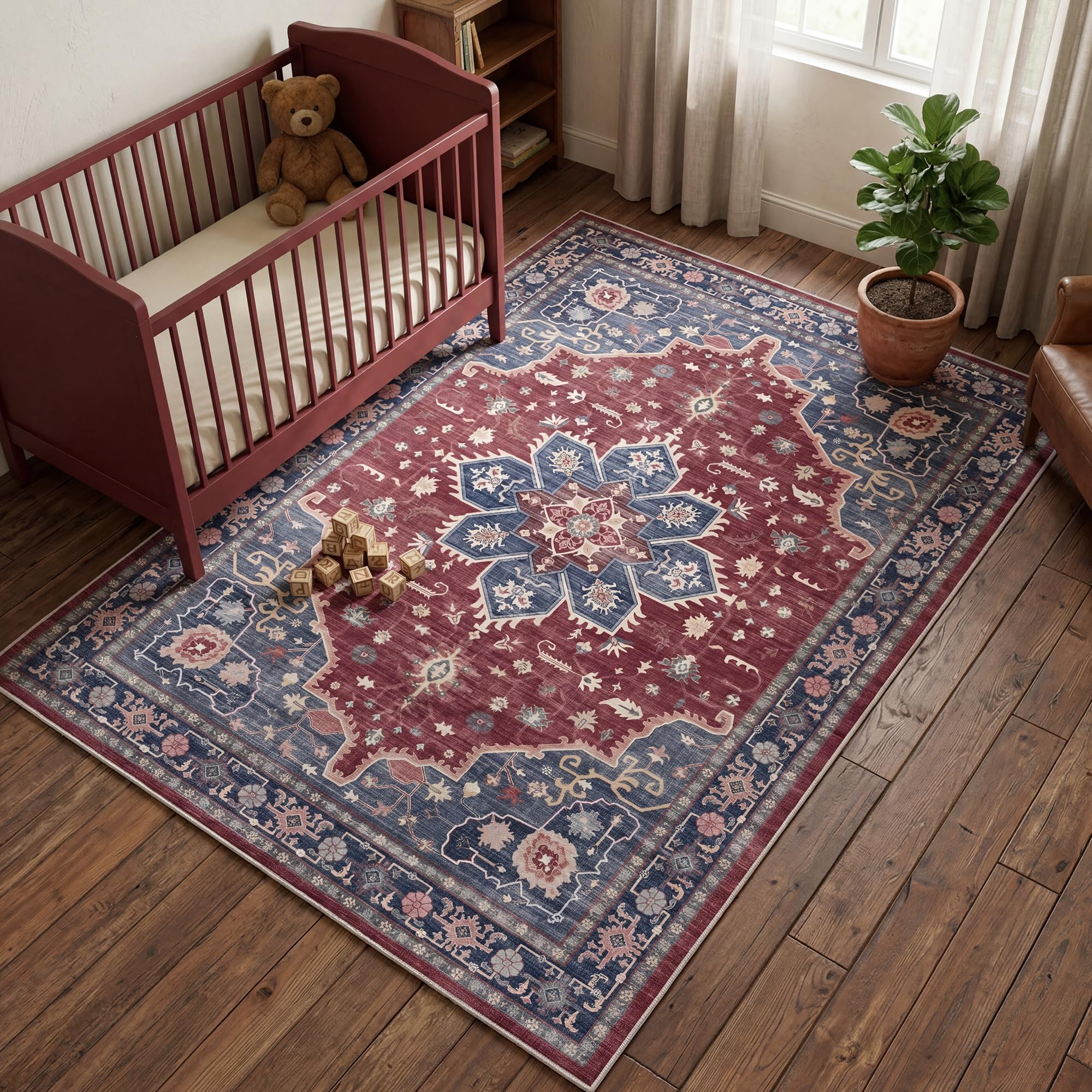 Autsel Rugs for Living Room Bedroom 120x170cm, Small Machine Washable Area Rugs Non-slip, Vintage Boho Rugs, Soft Short Pile Carpet, Red Runner Rugs for Hallway, Carpet for Kitchen, Office
