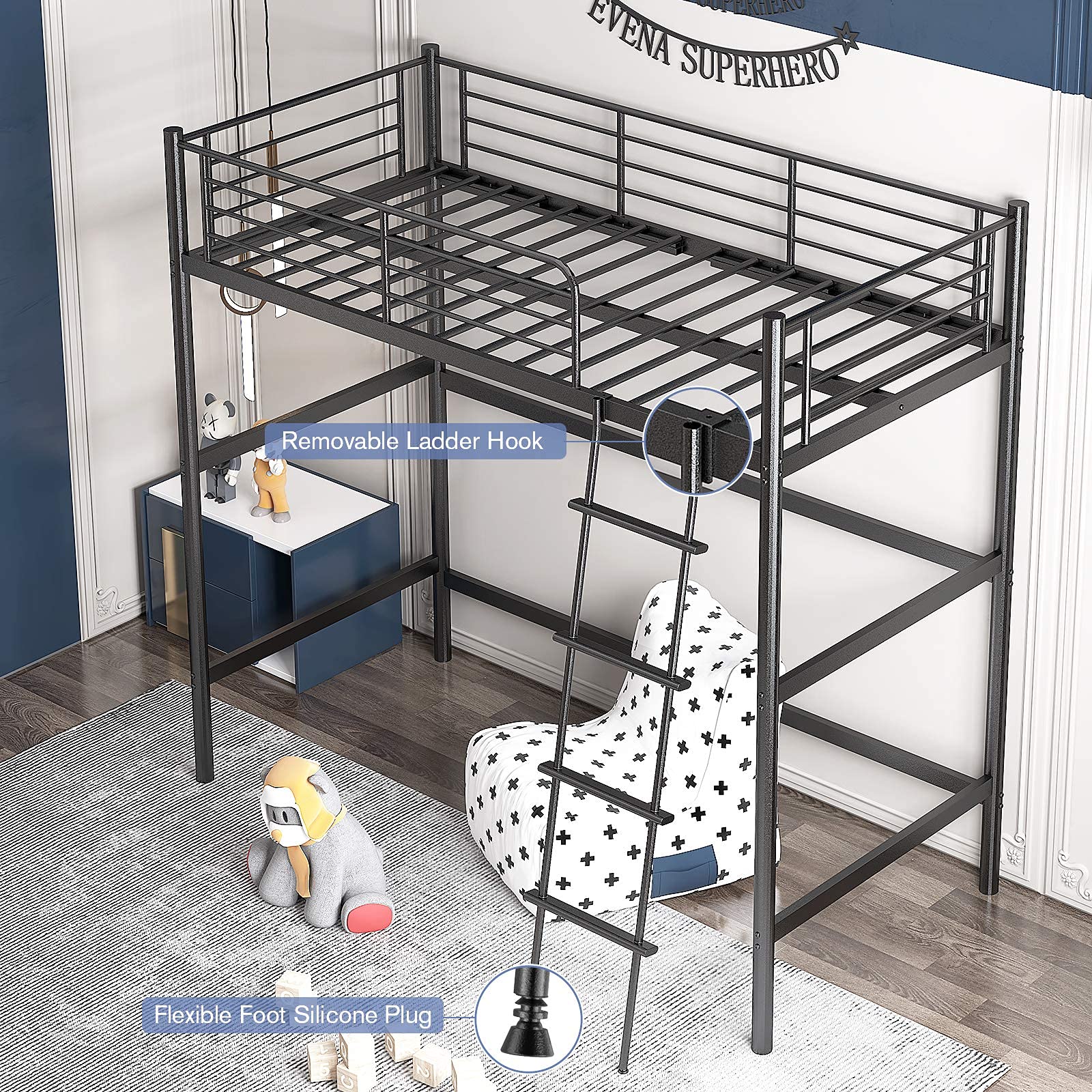 Noillats Metal Twin Loft Bed with Flexible Ladder, Secure Loft Bed