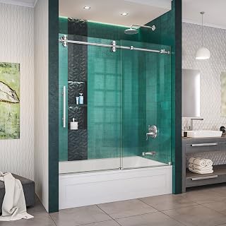 Enigma-XO 55-59 in. W x 62 in. H Fully Frameless Sliding Tub Door in Brushed Stainless Steel, SHDR-61606220-07