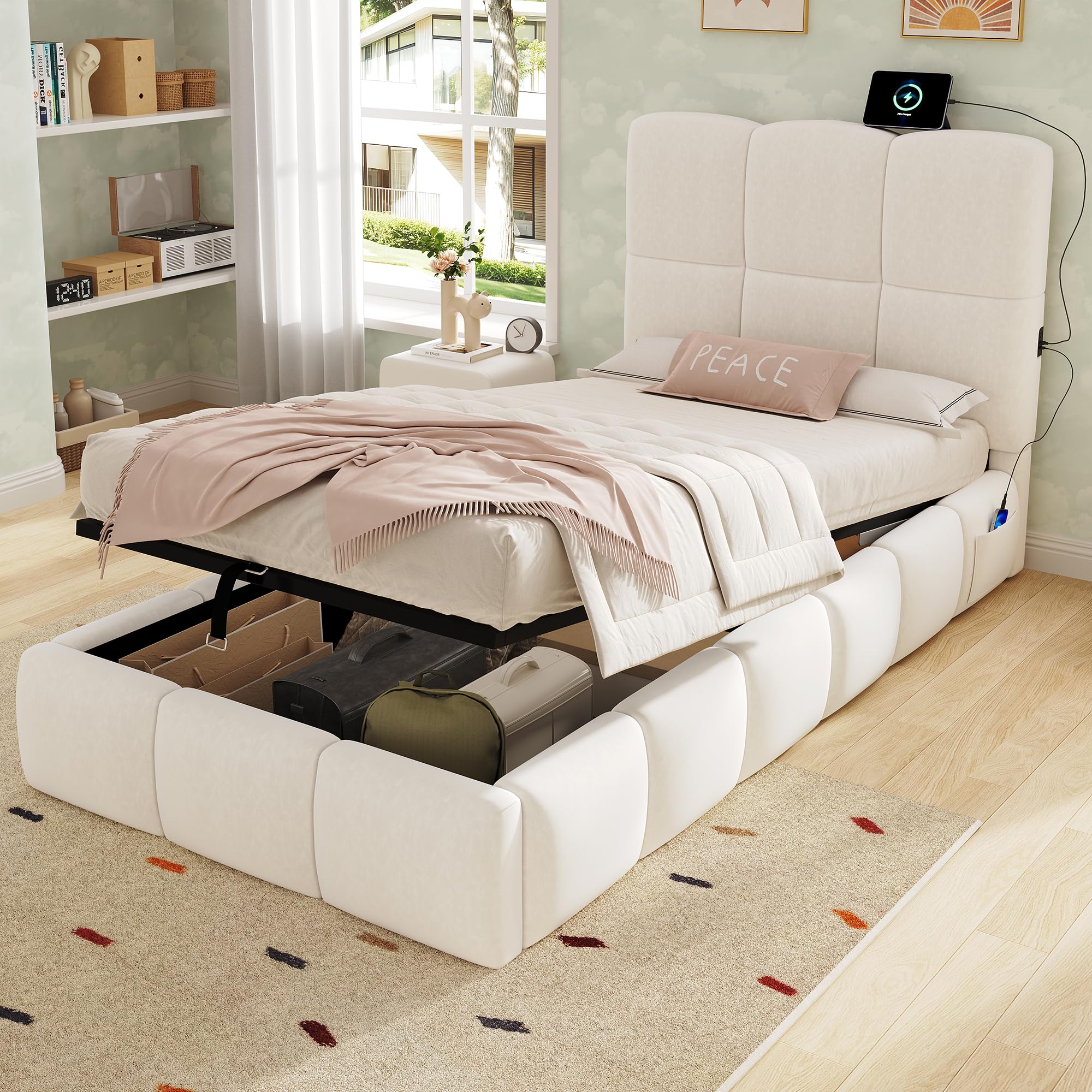 Merax 3FT Upholstered Single Bed 90x190cm for Children, Velvet Hydraulic Storage Bed with USB & Type-C Charging, Large Ottoman Storage Bed Frame, Padded Headboard & Rounded Edges, Beige-No Mattress — image 1