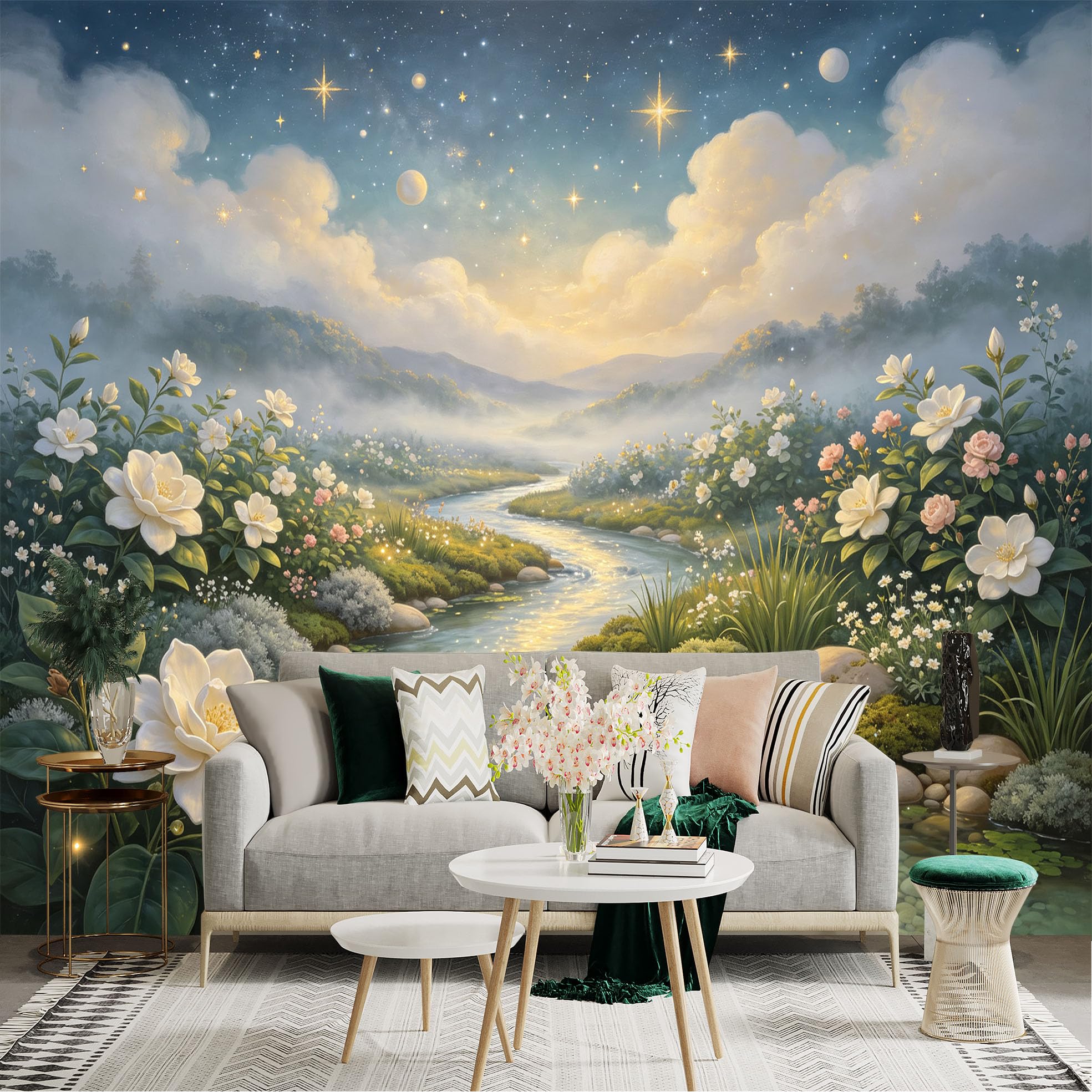 Lnzczhyre Bh260719356 Custom Size Wall Sticker Mural， Dreamy River Landscape With Blooming Flowers， Starry Night Sky， For Wall Decoration， Peelandstick Wall Decals.